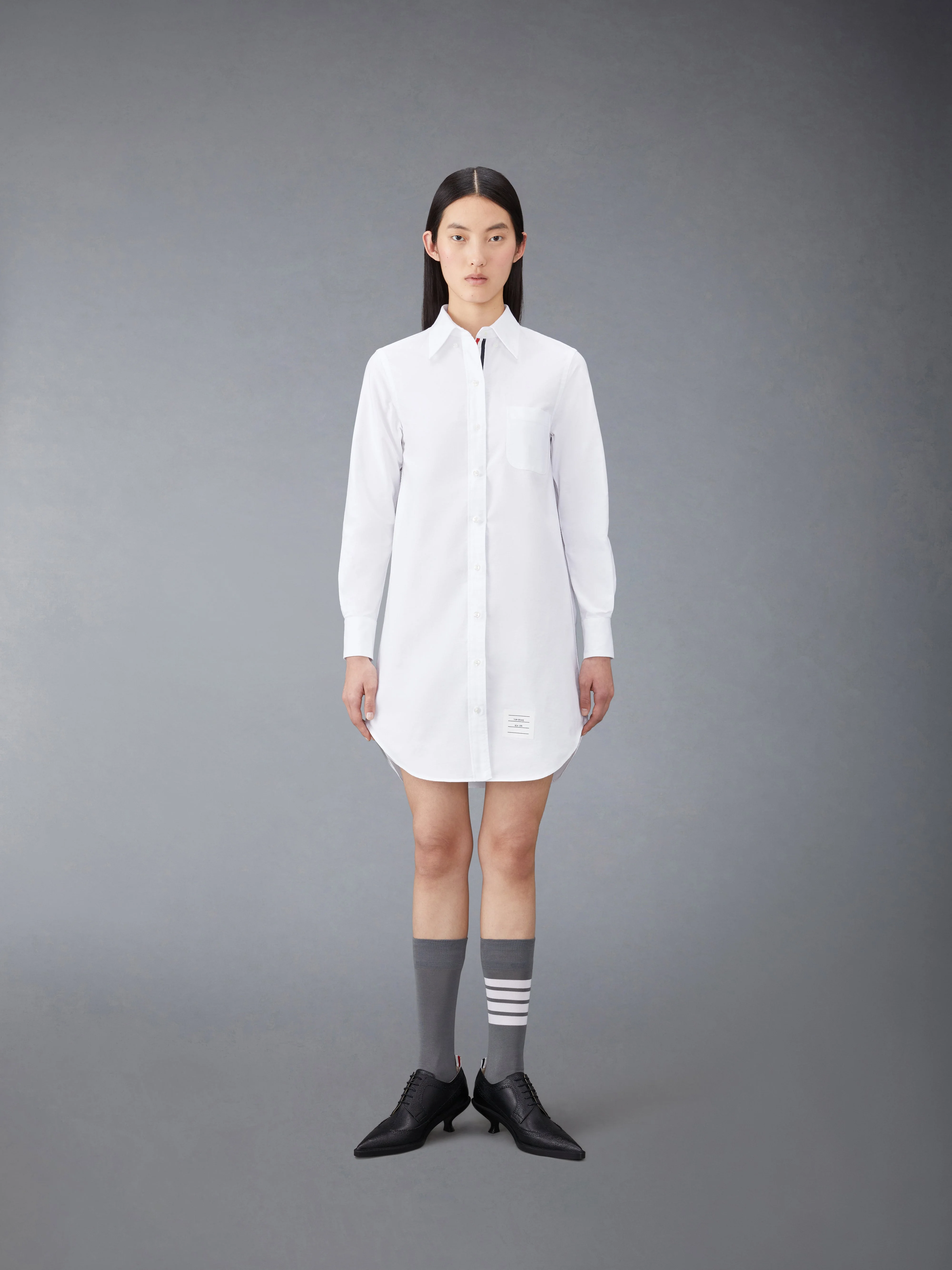 THIGH LENGTH POINT COLLAR SHIRTDRESS W/ RWB GROSGRAIN PLACKET IN OXFORD - 1