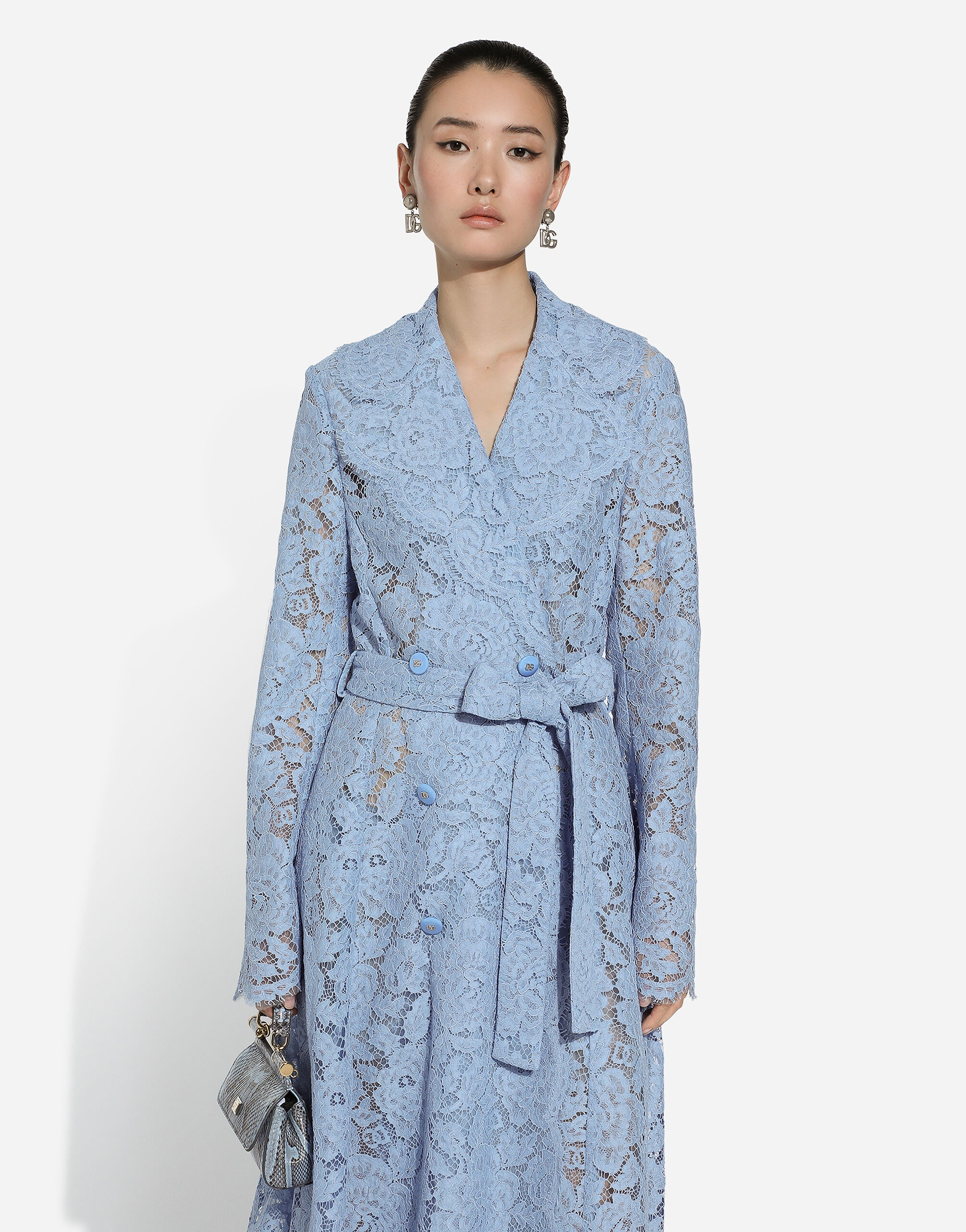 Floral cordonetto lace trench coat with DG logo - 4