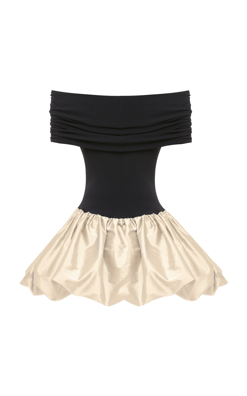 ANNA OCTOBER Jewel Off-The-Shoulder Knit-Satin Combo Mini Dress black/white outlook