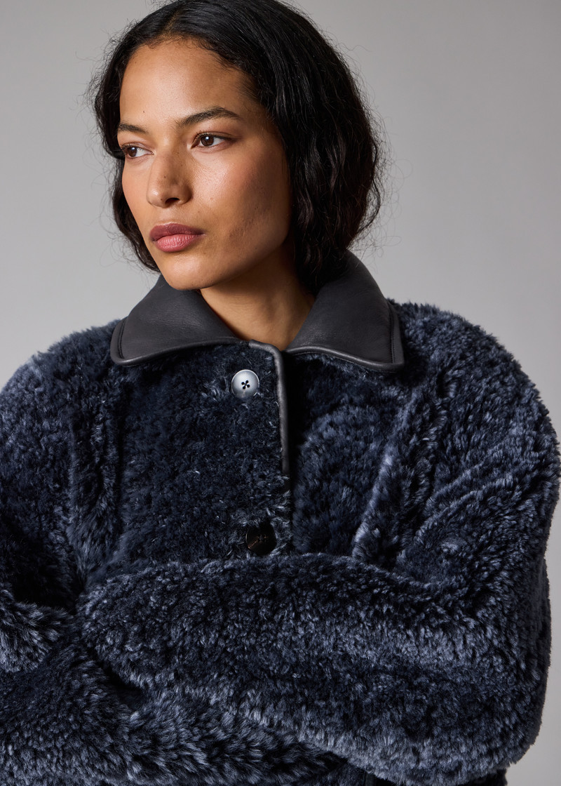 Women's Navy Reversible Leather and Shearling Coat 10