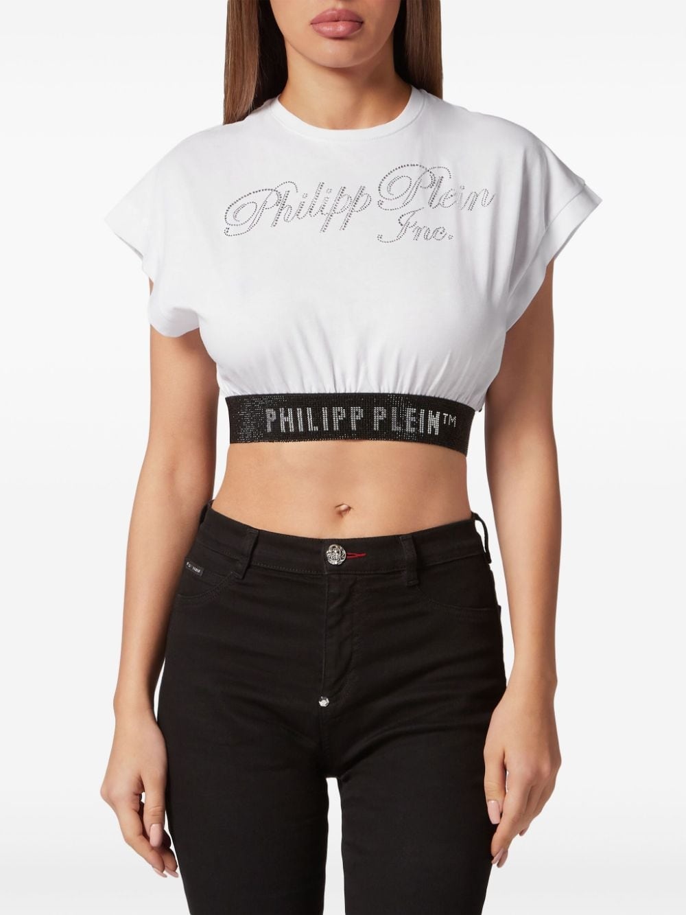 rhinestone-logo cropped T-shirt - 2