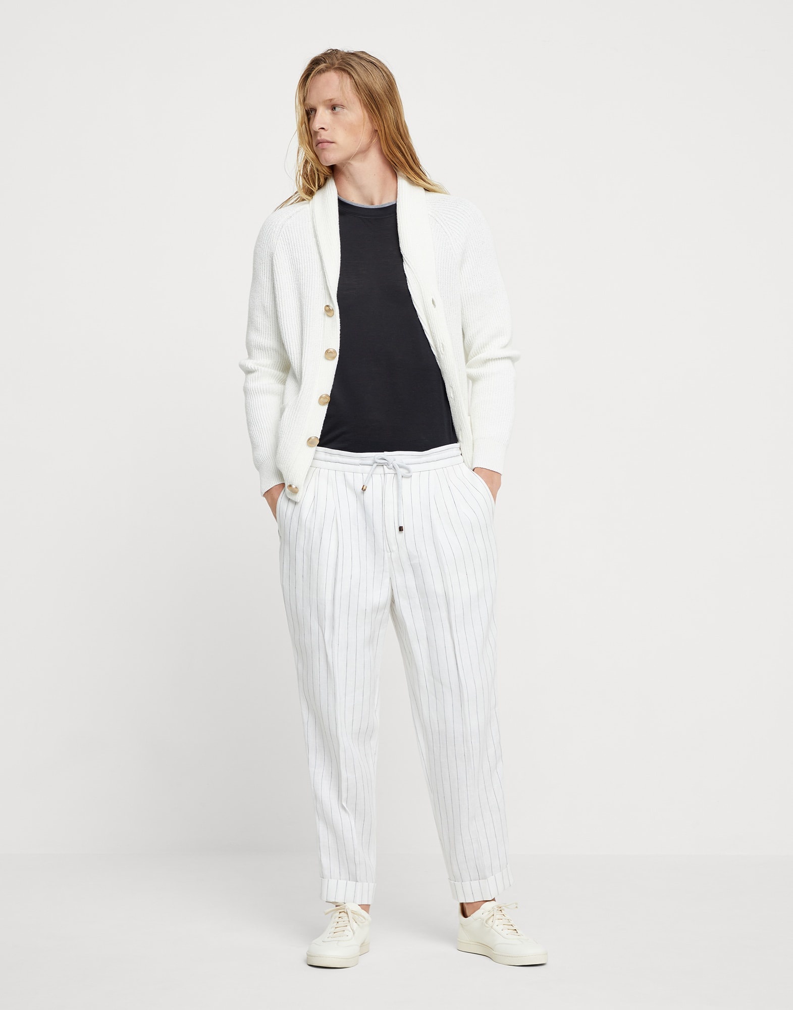 Linen chalk stripe leisure fit trousers with drawstring and double pleats - 4