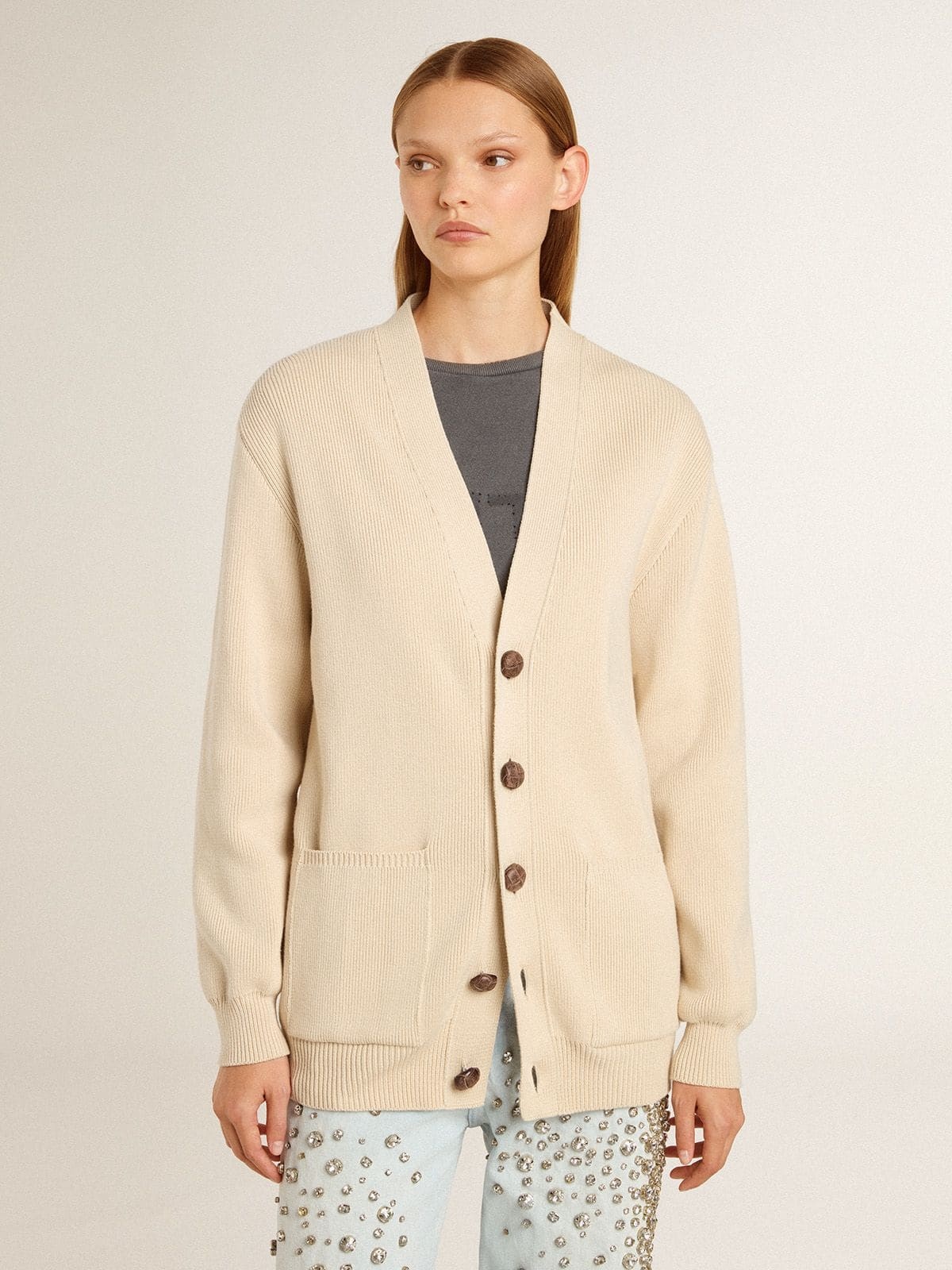 Women’s beige cardigan with 'Golden' lettering on the back - 2