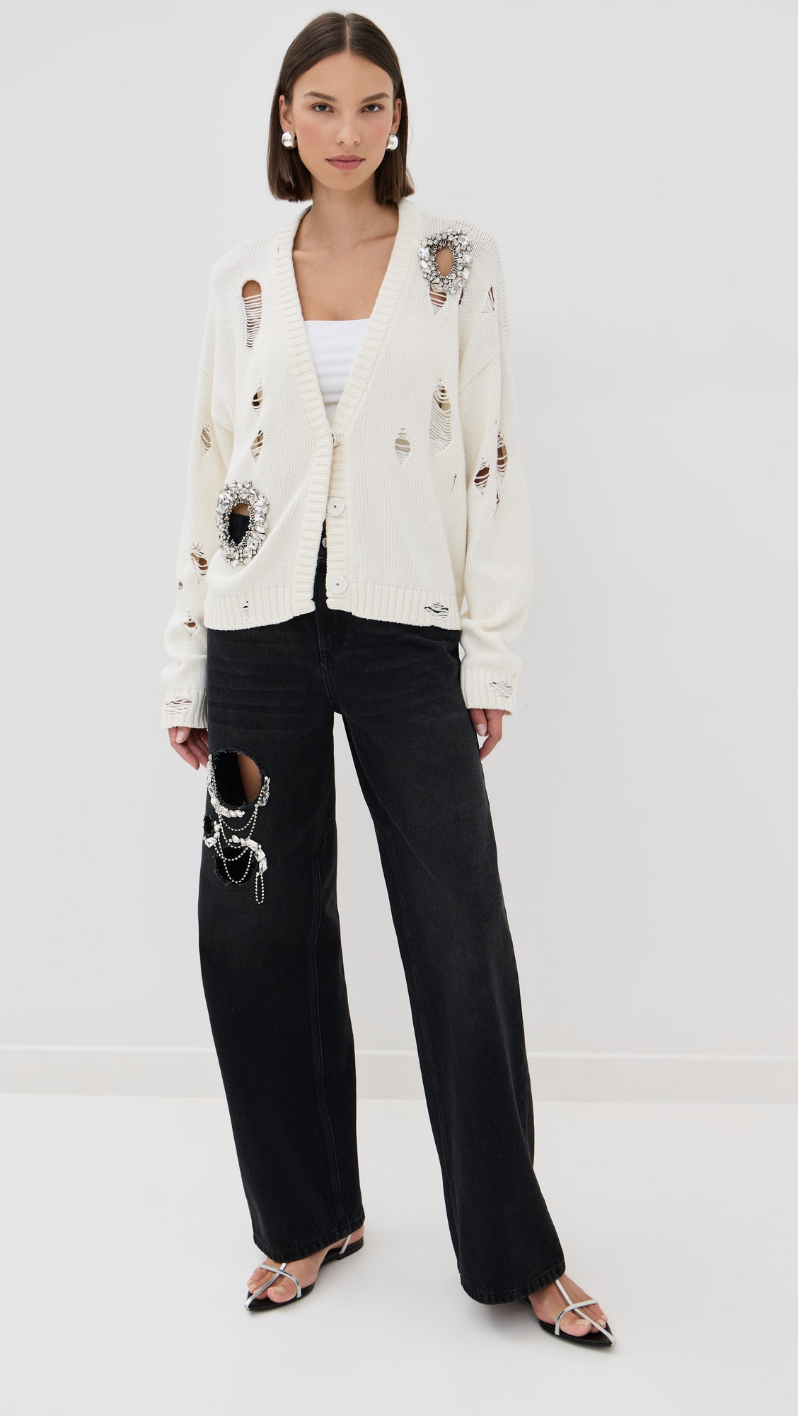 Crystal Chain Cutout Relaxed Jeans - 4
