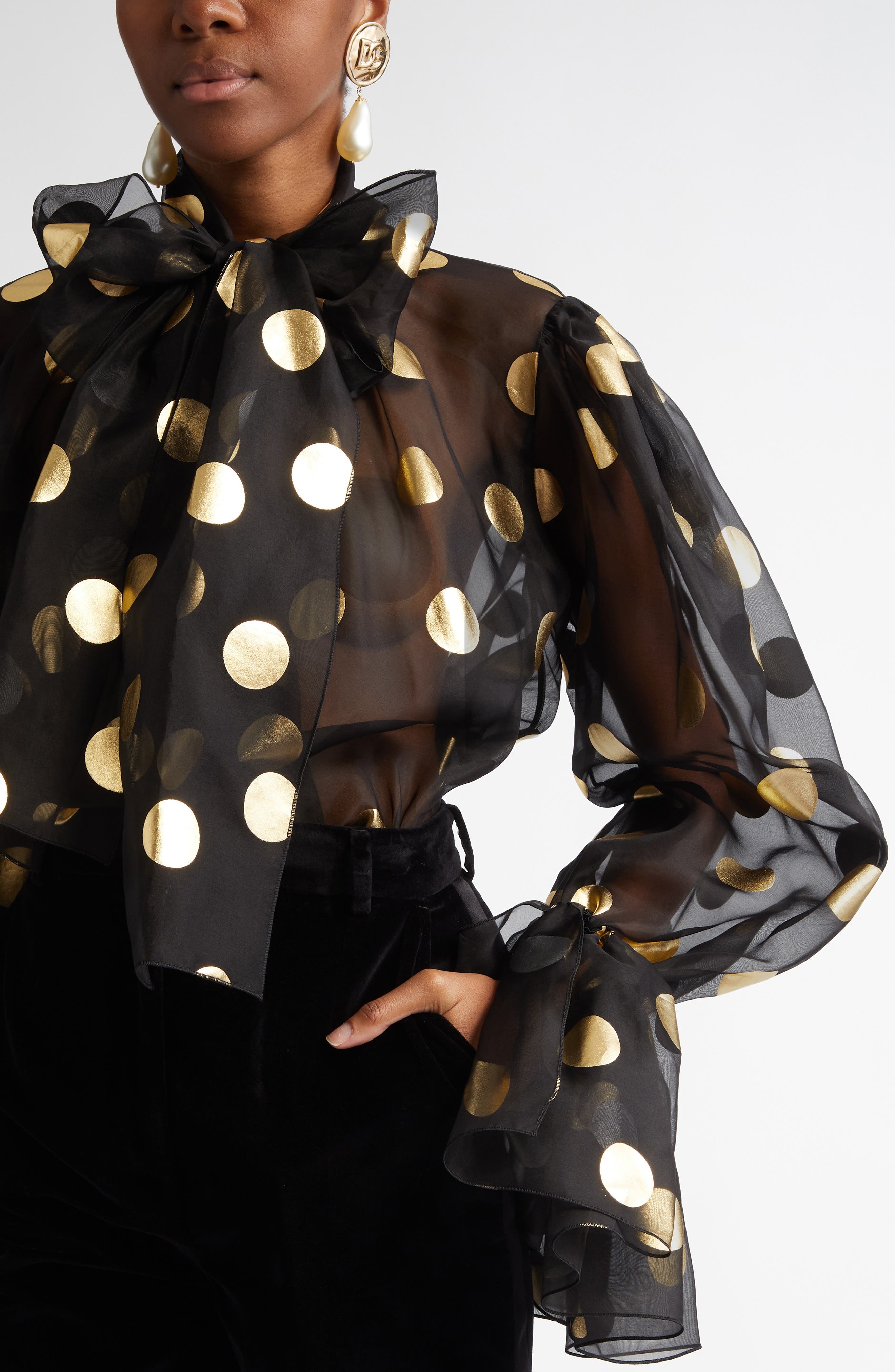 Dolce&Gabbana Polka Dot Bow Bell Sleeve Sheer Silk Top in Hnlm0 Oro Nero at Nordstrom - 5