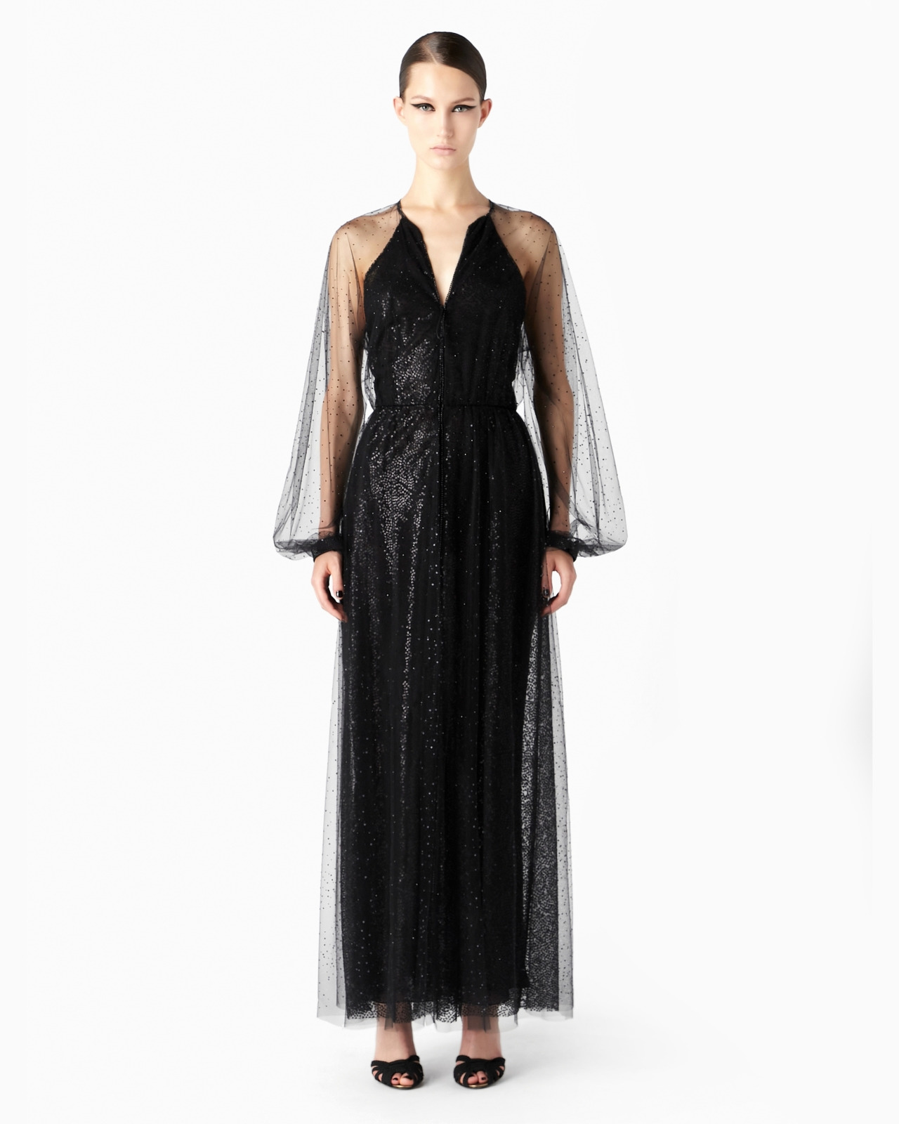 Silk and tulle long dress with all-over rhinestones - 2