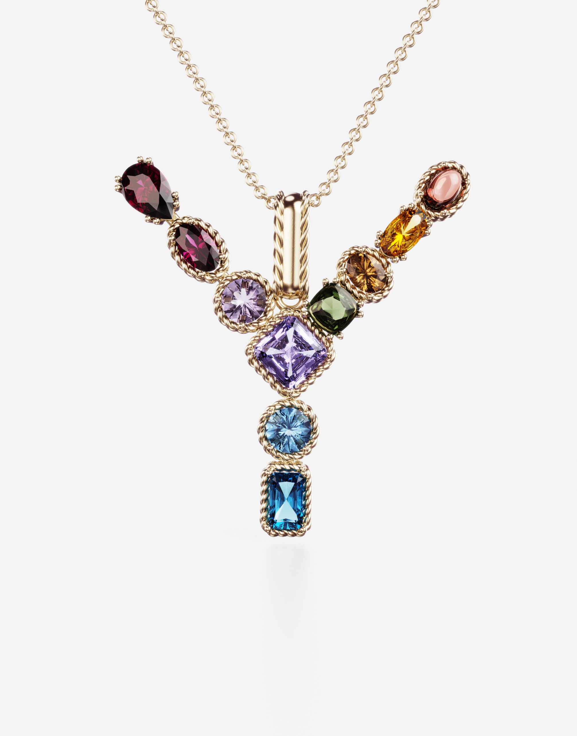 Rainbow alphabet Y pendant in yellow gold with multicolor fine gems - 2