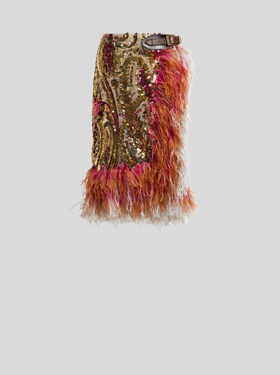 KNEE-LENGTH SKIRT WITH SEQUINS AND OSTRICH FEATHERS - 1