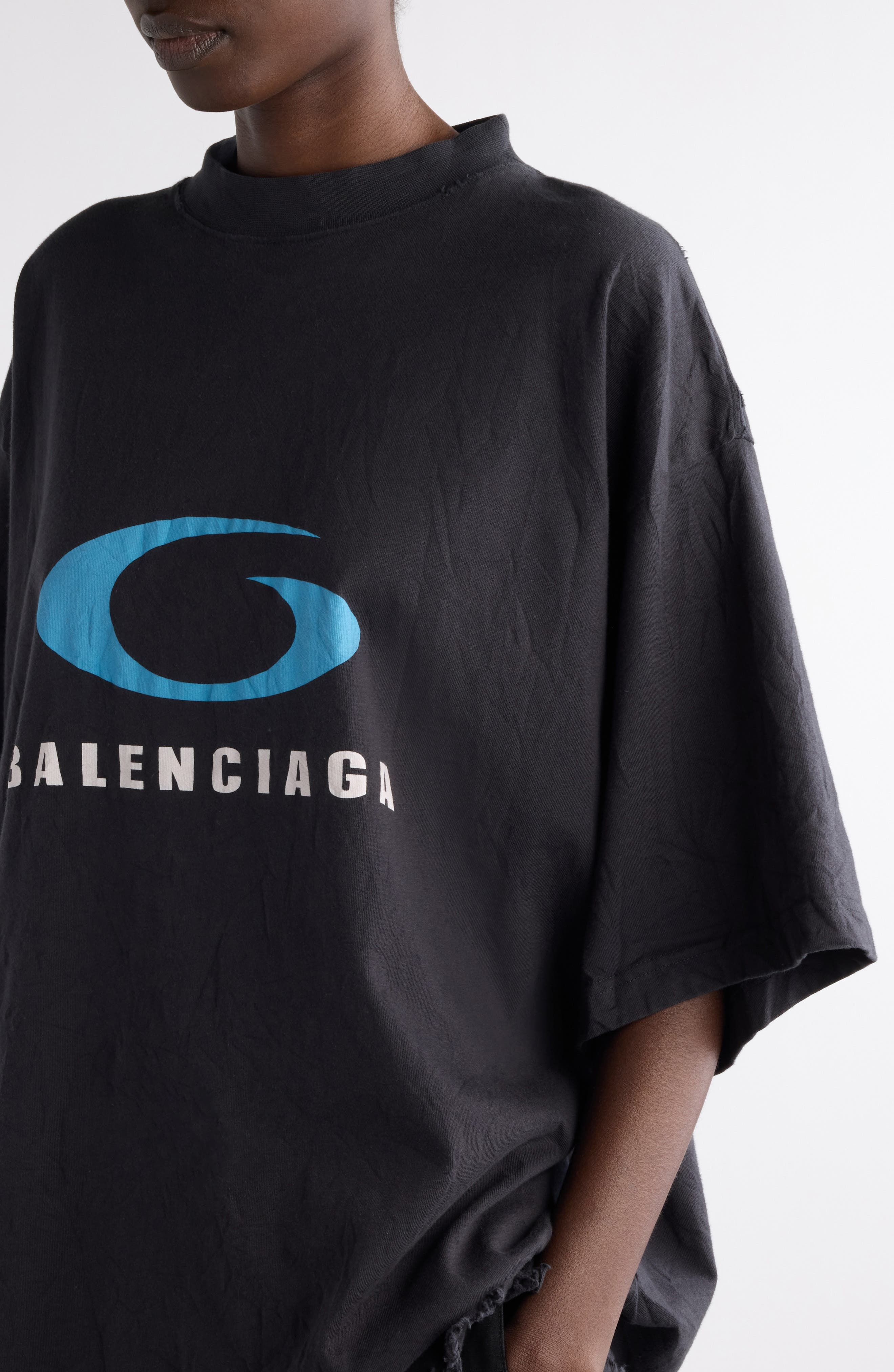 Balenciaga Logo Oversize Distressed Cotton Graphic T-Shirt in Washed Black/Blue at Nordstrom - 5