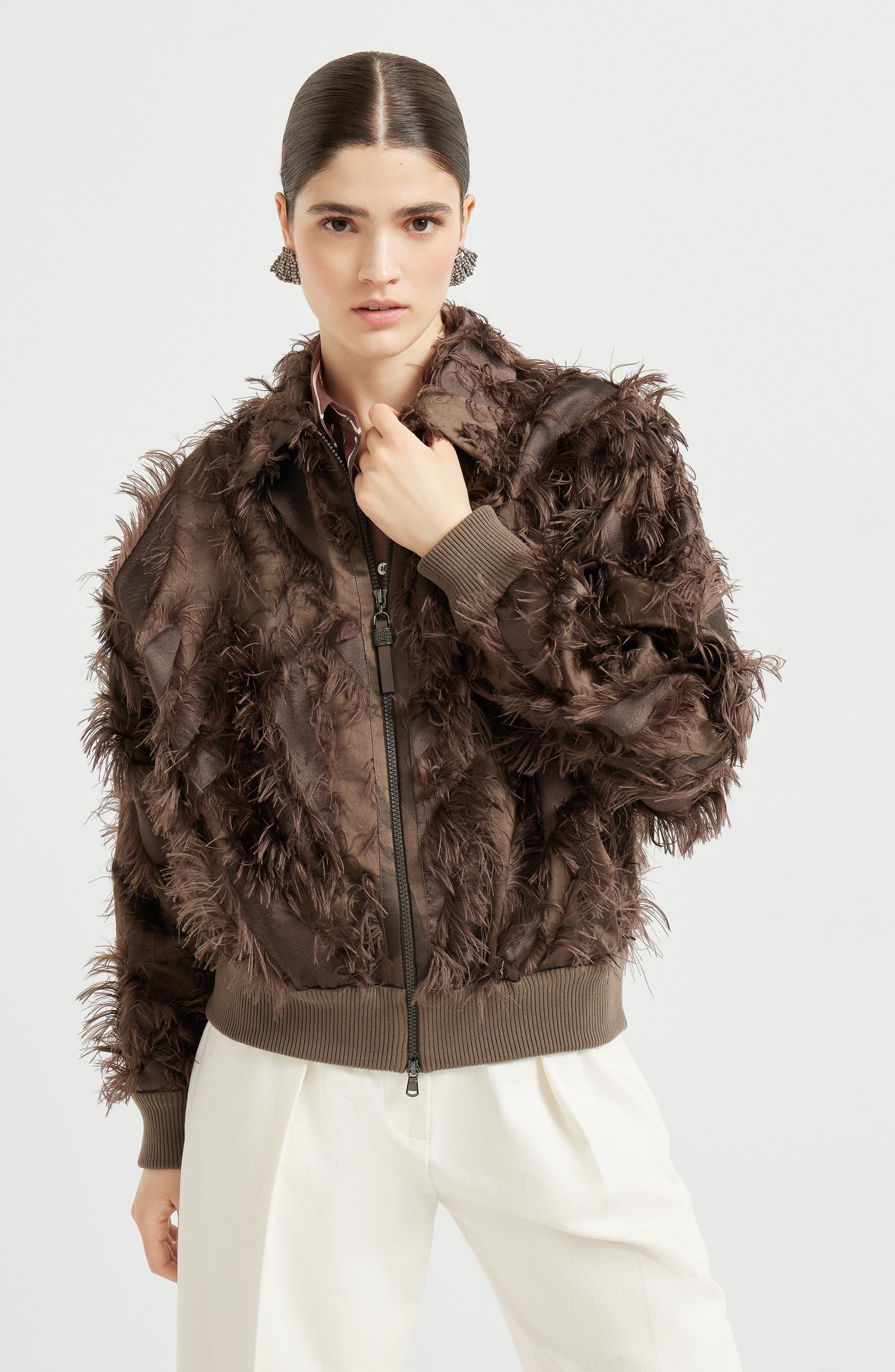 Brunello Cucinelli Dracaena fil coupé bomber jacket in Brown at Nordstrom - 2