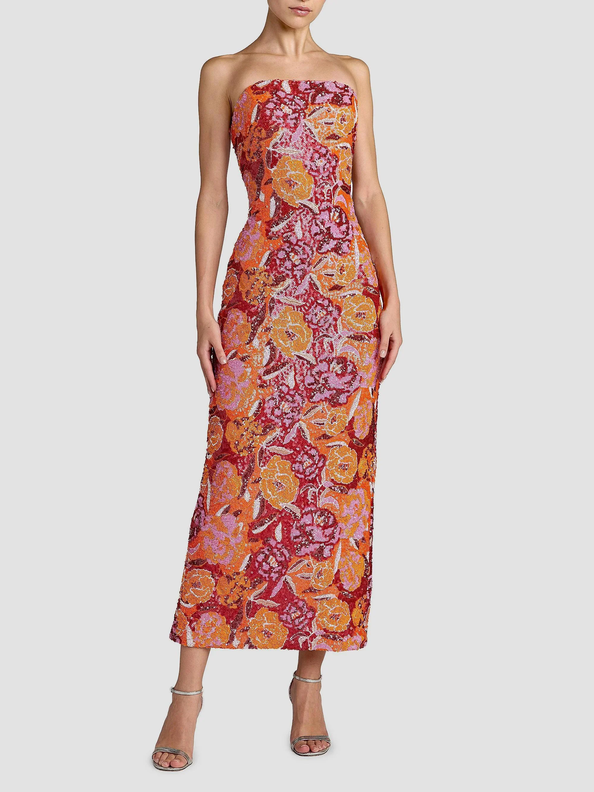 Women's Floral Sequin-Embellished Column Midi-Dress - Tangerine Multi - 1