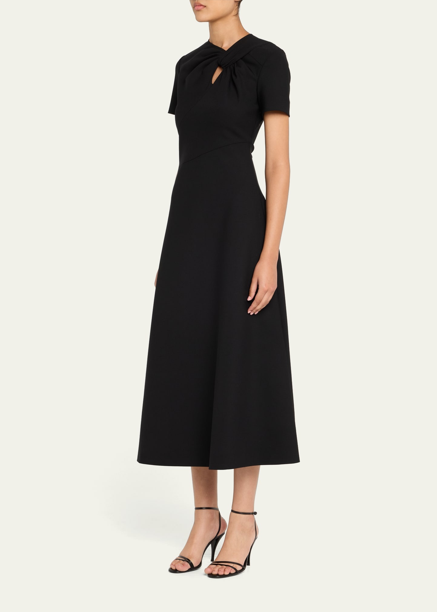 Twisted-Neck Short-Sleeve Double Stretch Wool Midi Dress - 4