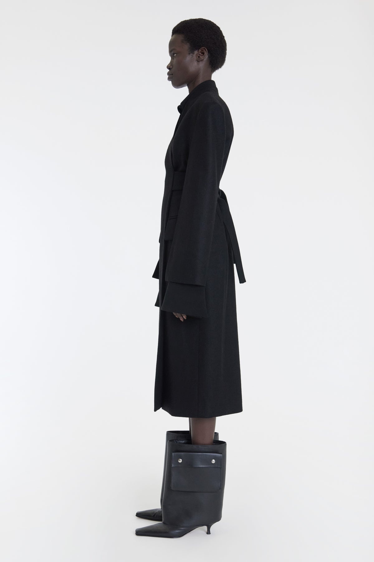 OPEN SLEEVE BELTED WRAP AROUND FITTED COAT BLACK - 6
