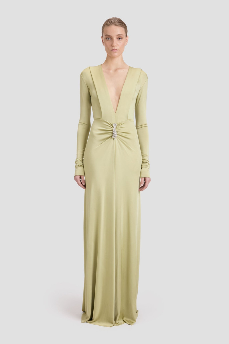 Victoria Beckham Embellished Long Sleeve Deep V-Neck Gown In Pistachio outlook