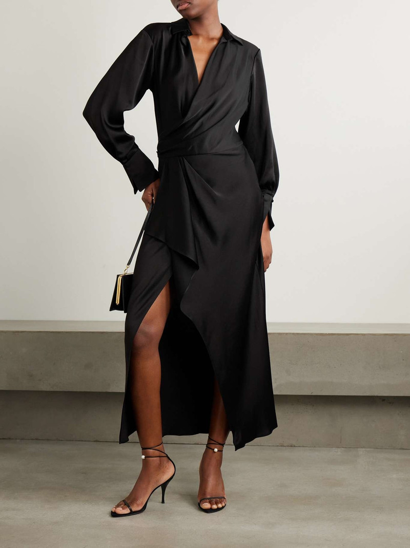 SIMKHAI Talita draped wrap-effect satin midi dress Black outlook