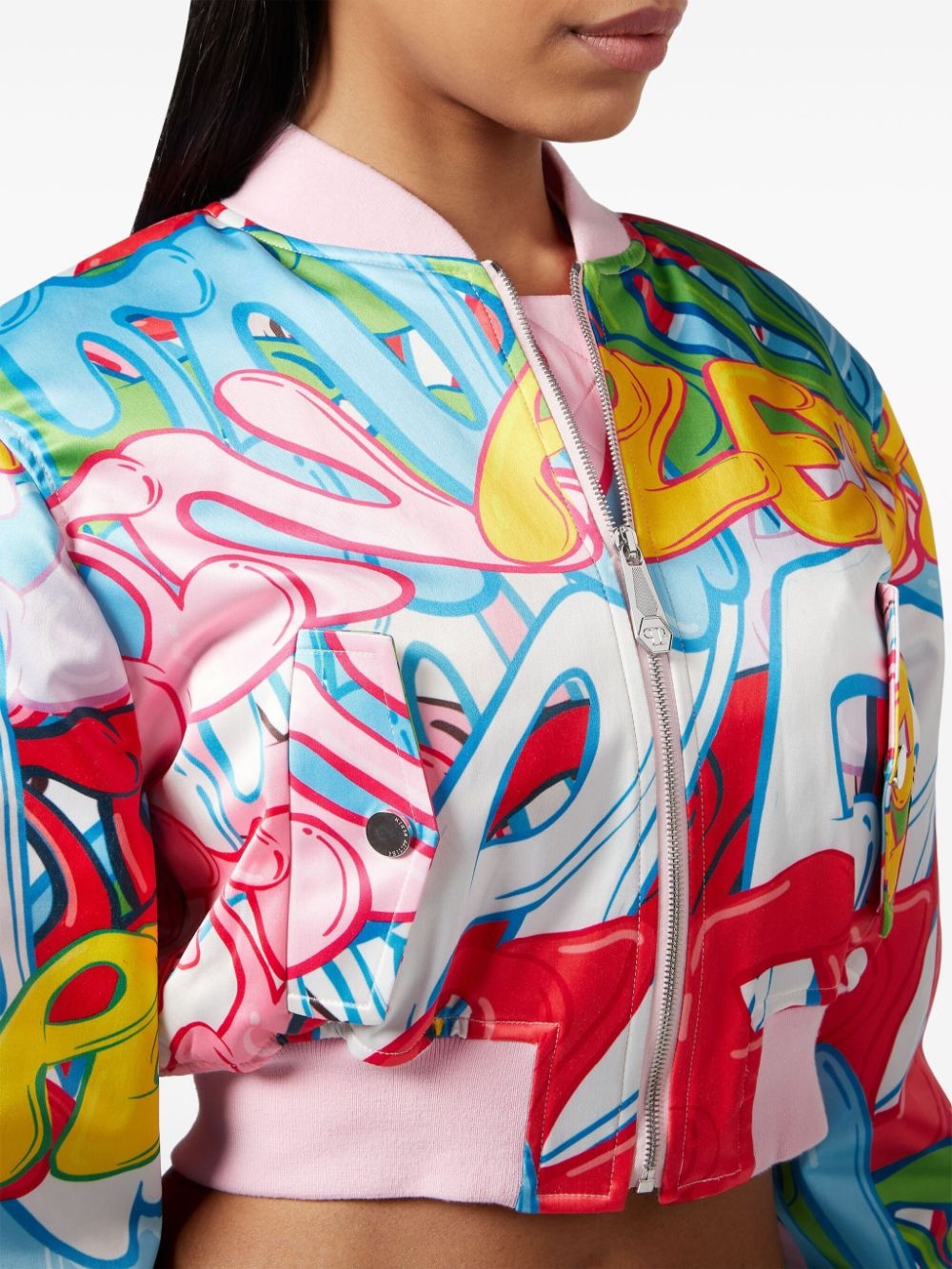 graffiti-logo cropped satin bomber jacket - 4