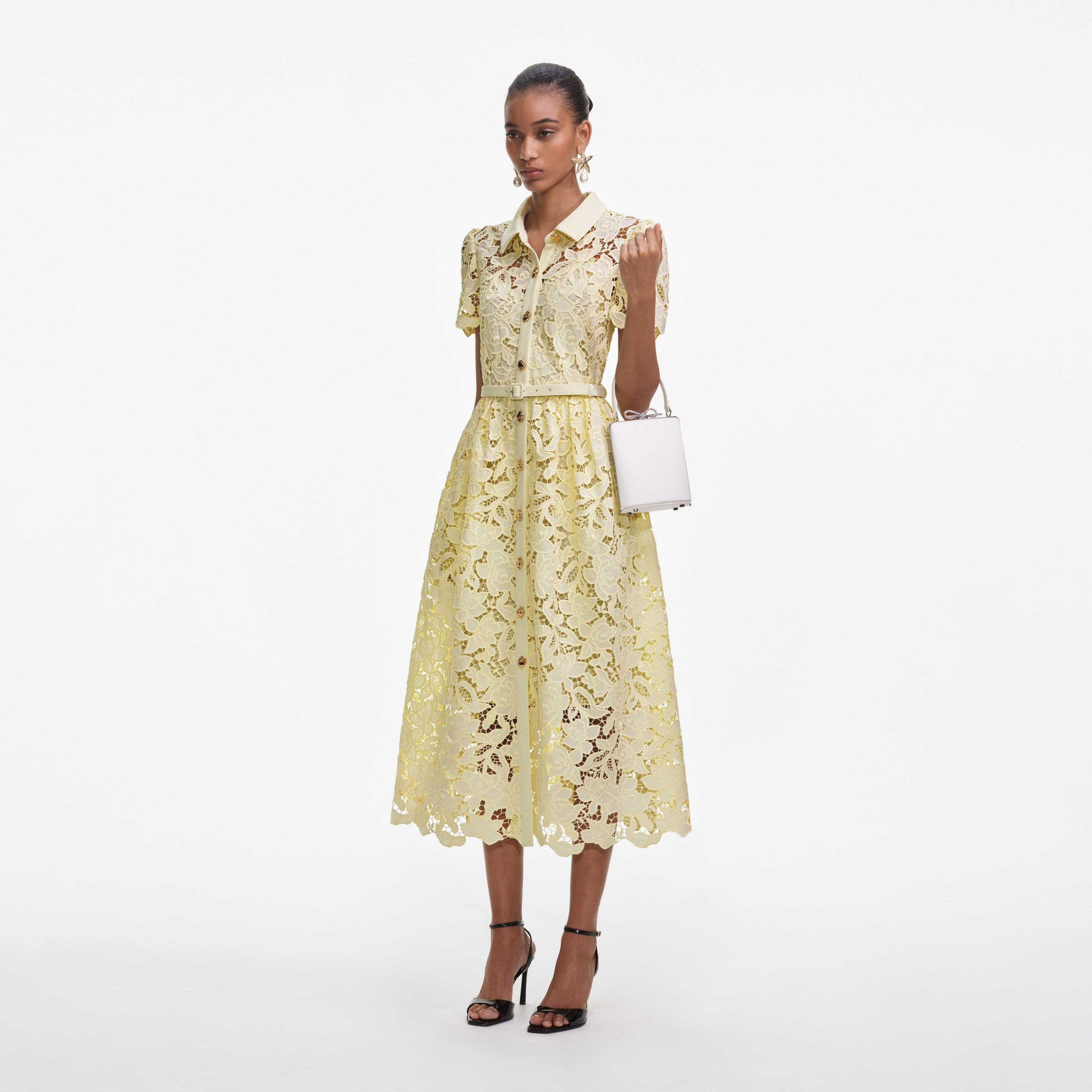 Yellow Lace Collared Midi Dress - 2
