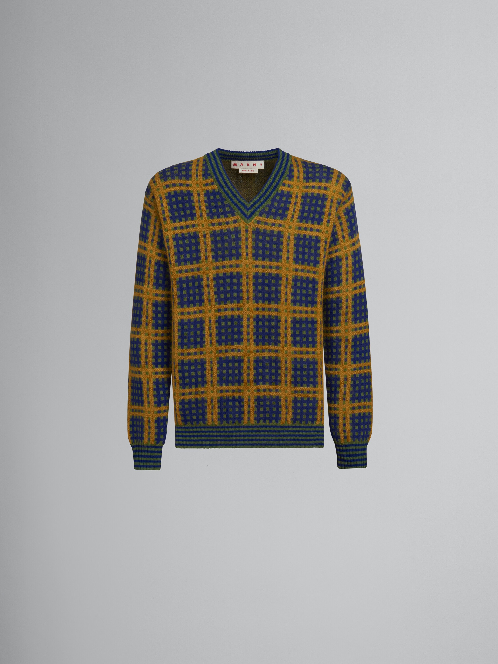 GREEN V-NECK JUMPER WITH '50S CHECK - 1