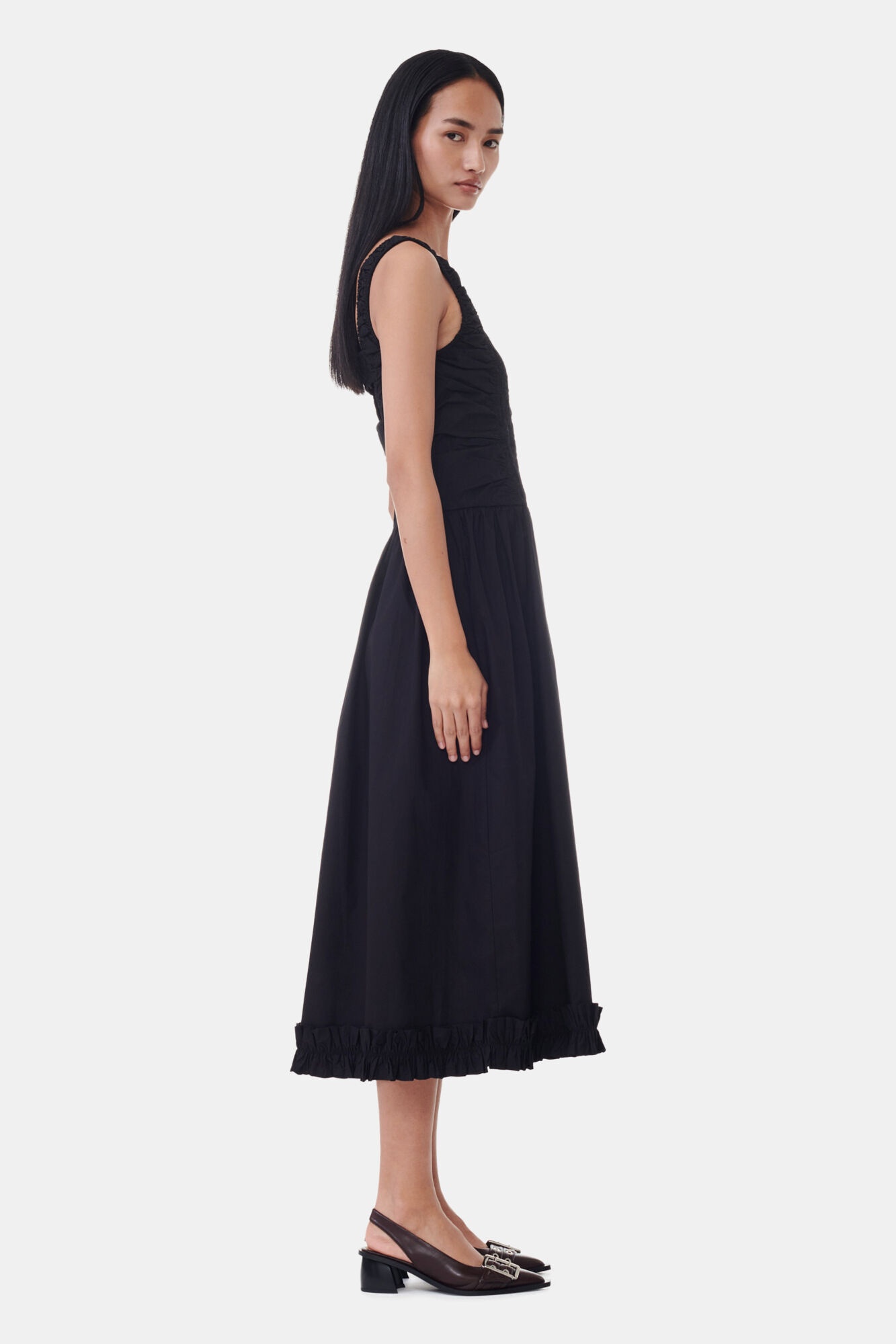BLACK COTTON POPLIN MIDI STRAP SMOCK DRESS - 4