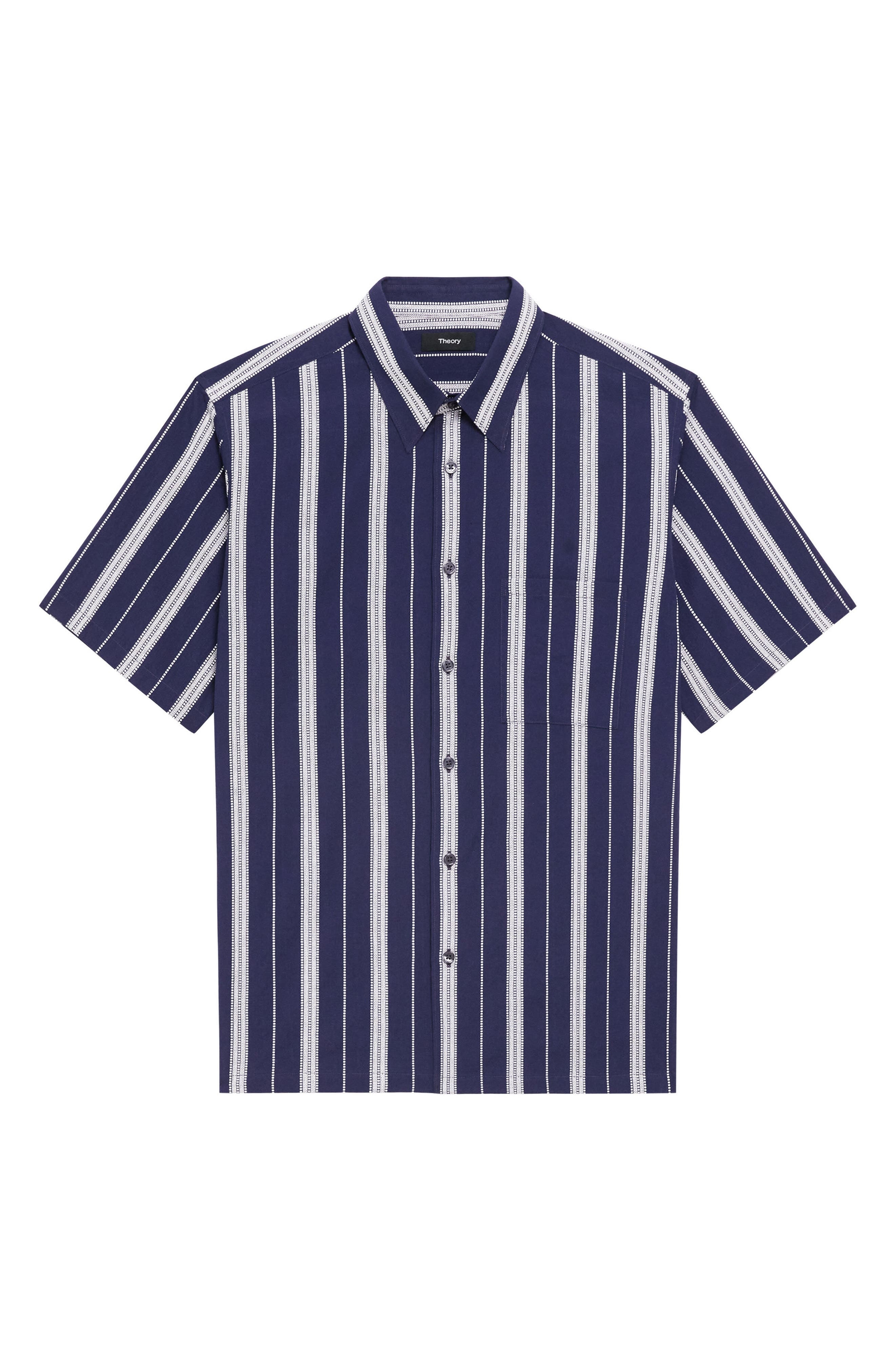 Theory Noll Summer Dobby Short Sleeve Button-Up Shirt in Baltic/White at Nordstrom - 5