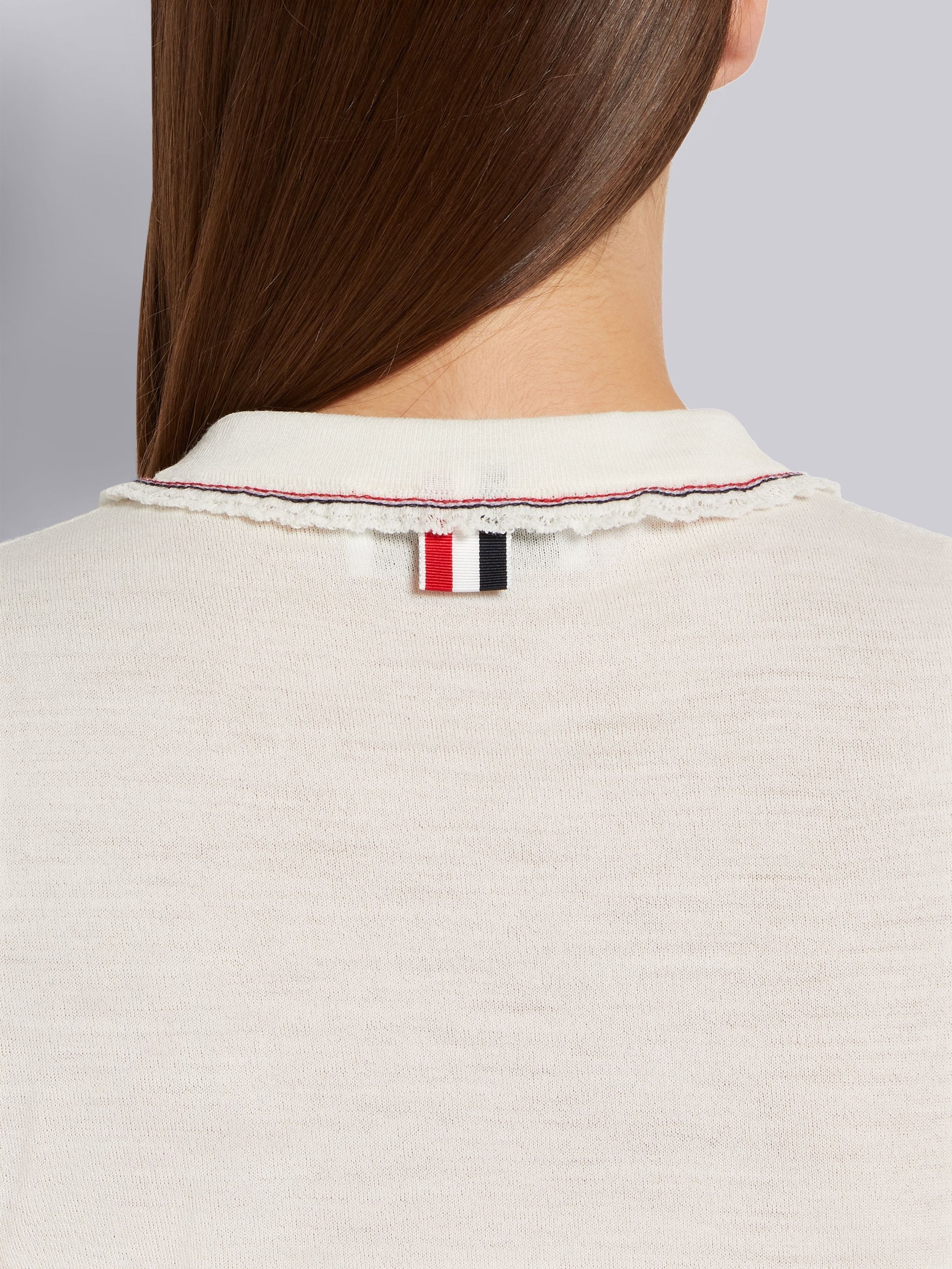 White Lightweight Wool Crepe Stripe Ruffle Trim Chest Pocket Shell Top - 6