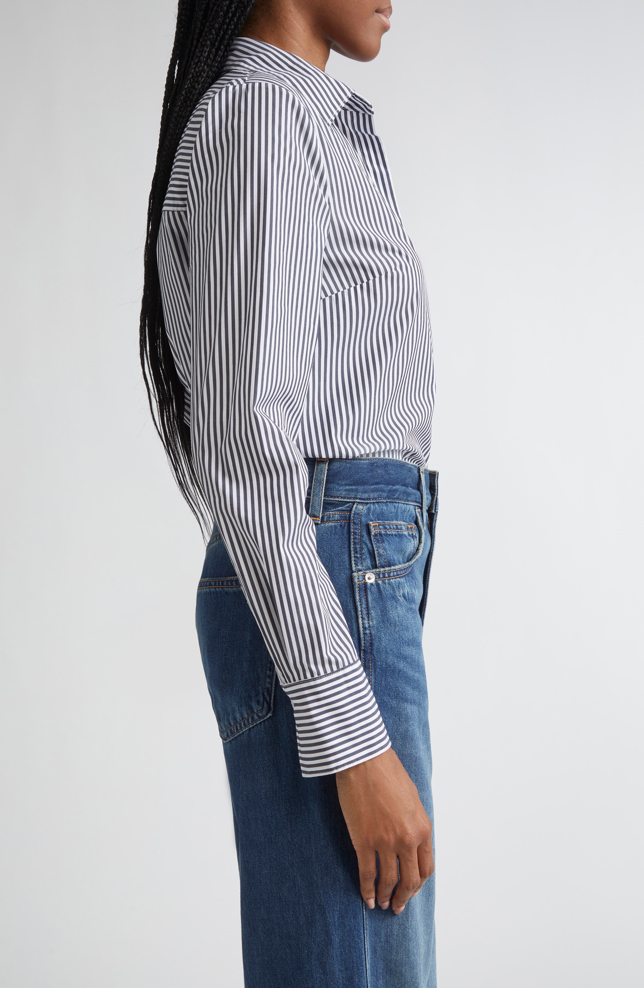 Veronica Beard Amelia Stripe Cotton Blend Button-Up Shirt in Navy White at Nordstrom - 4