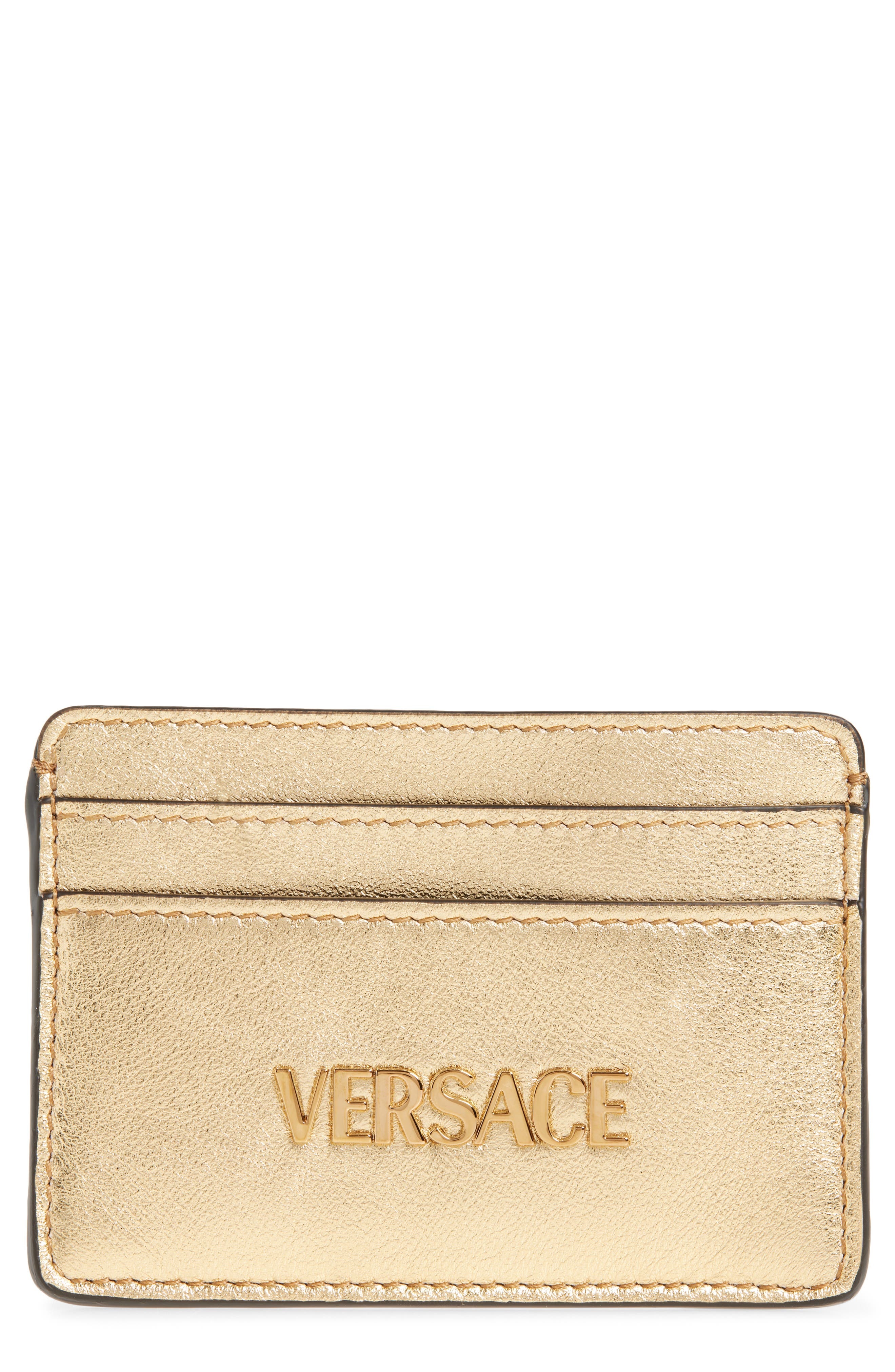 Versace Logo Metallic Leather Card Case in Mekong Gold Versace at Nordstrom - 1