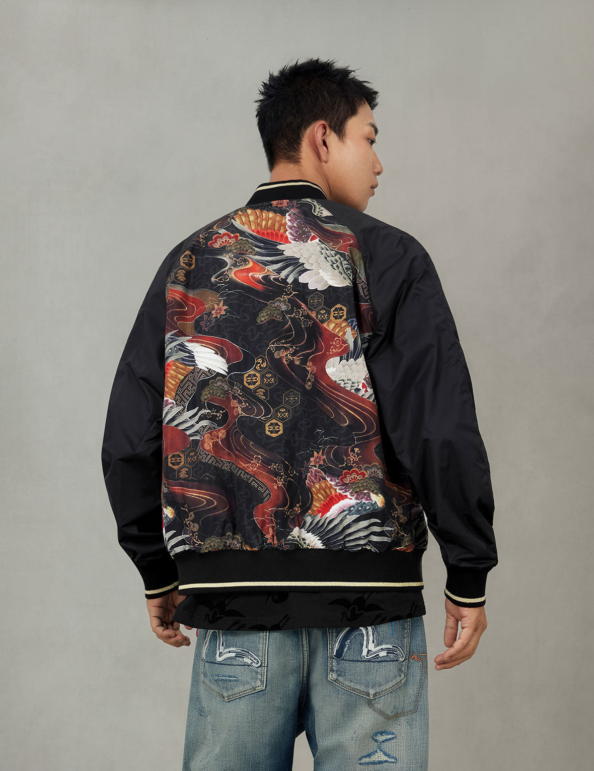 Crane and Logo Embroidery Regular Fit Reversible Bomber Jacket - 8