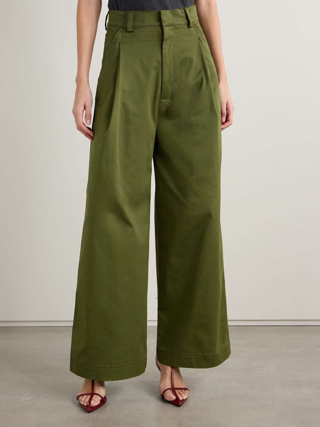 Olympe pleated cotton-blend wide-leg pants Green - 3