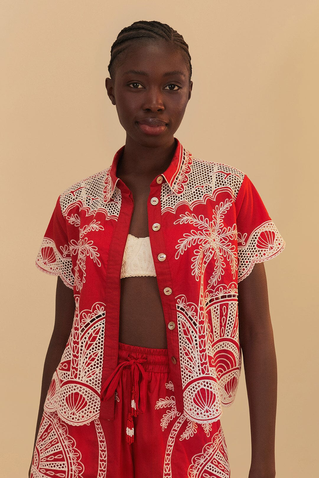Red Palm Trees Embroidered Organic Cotton Short - 1