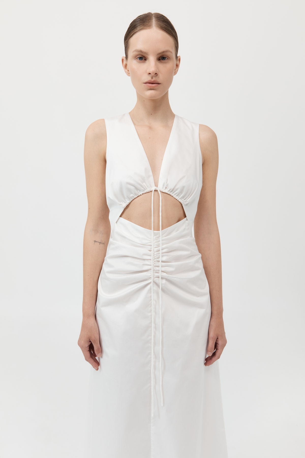 Cotton Gathered Dress - White - 5