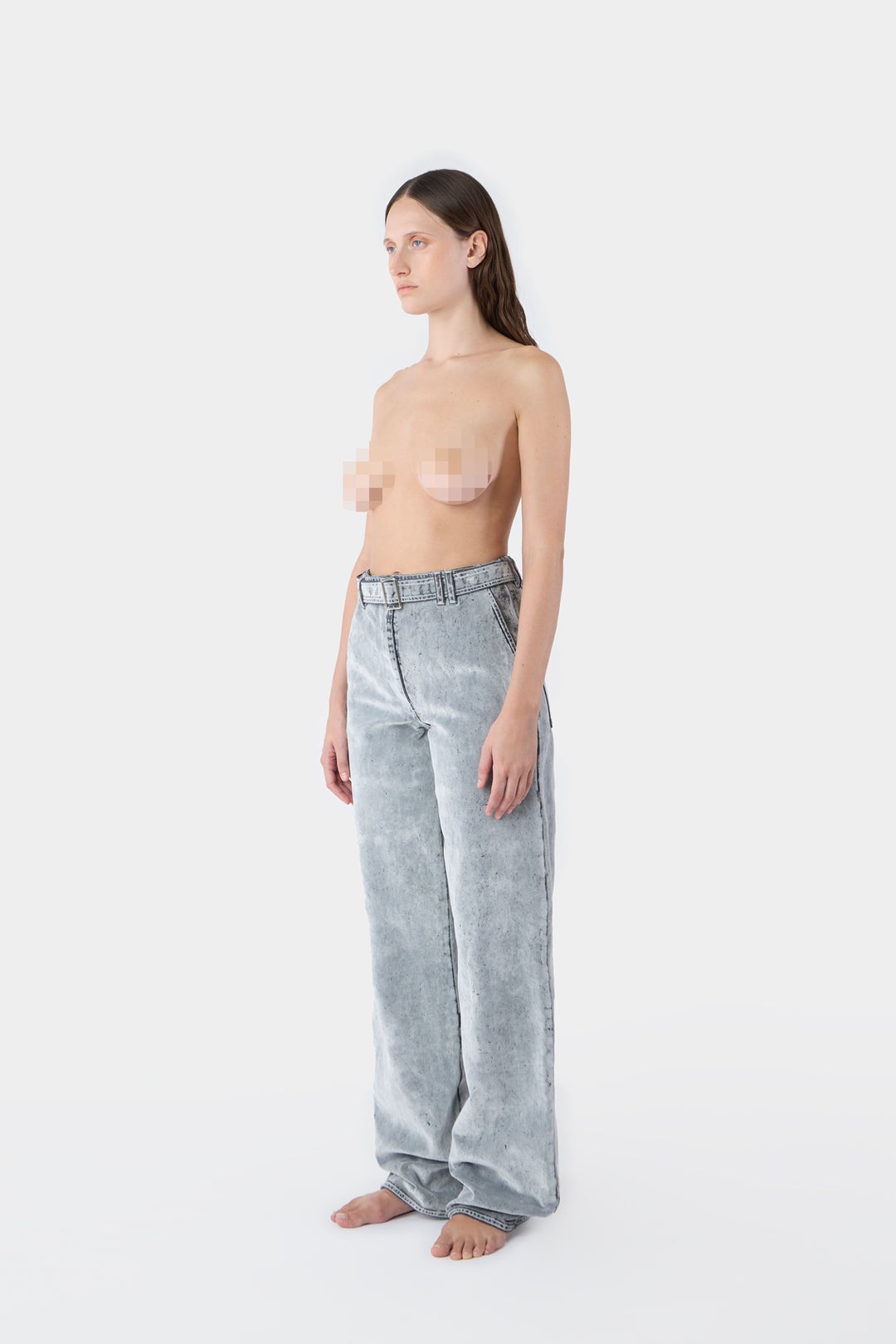 BELTED OVERSIZE PANTS / flocked denim / light grey - 3