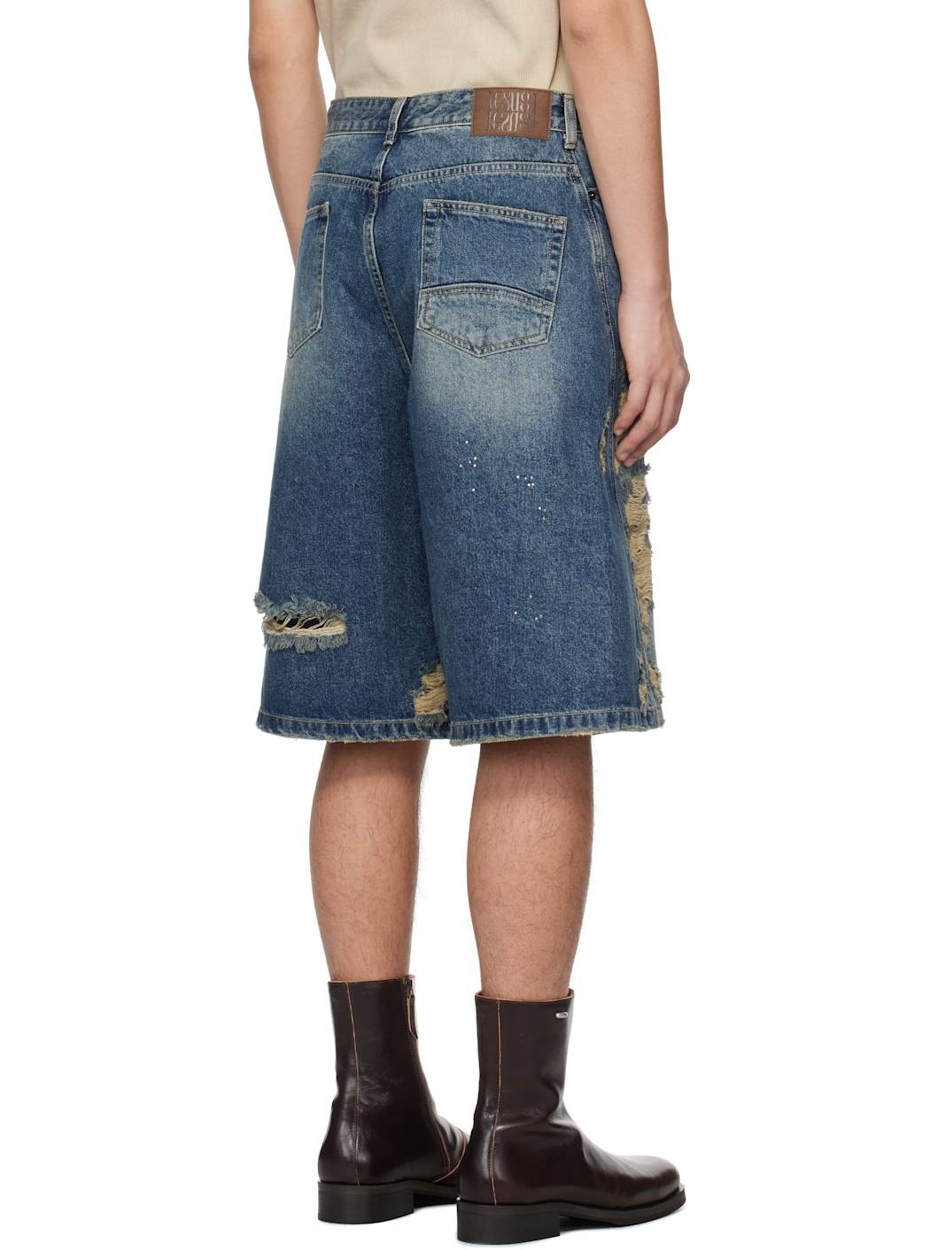 Blue Crystal Embellished Ripped Denim Shorts - 3