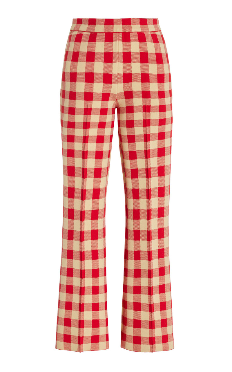 Exclusive Kick Gingham Stretch-Cotton Knit Cropped Flared Pants red 1