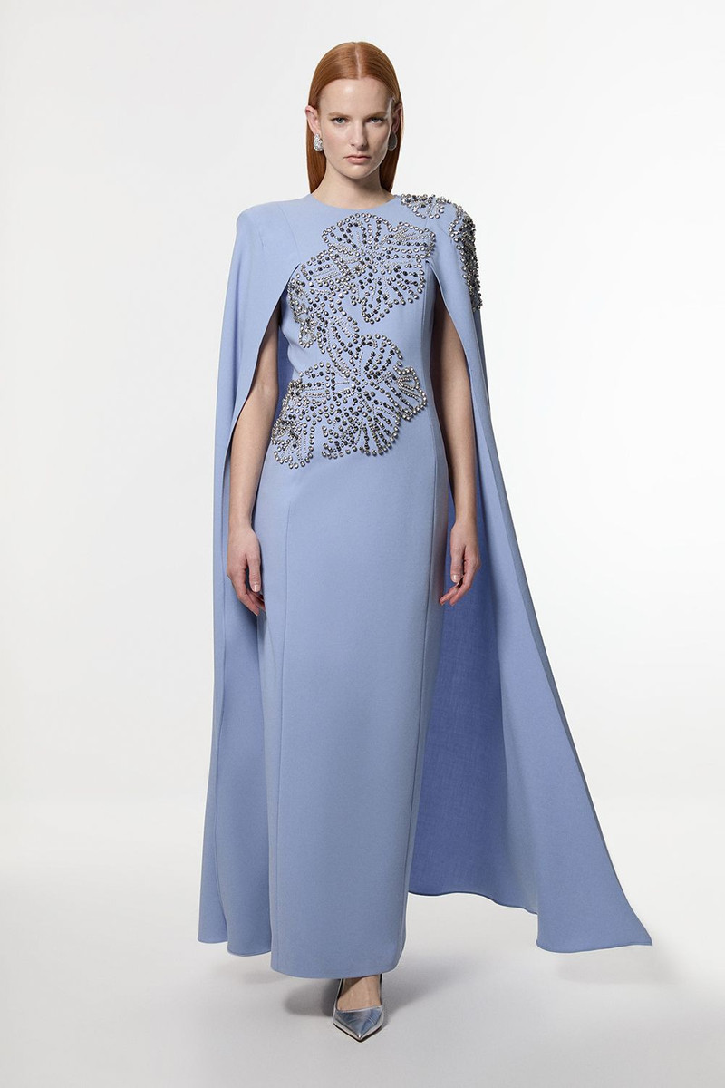 Petite Placed Floral Crystal Embellished Tailored Drama Cape Maxi Dress 1