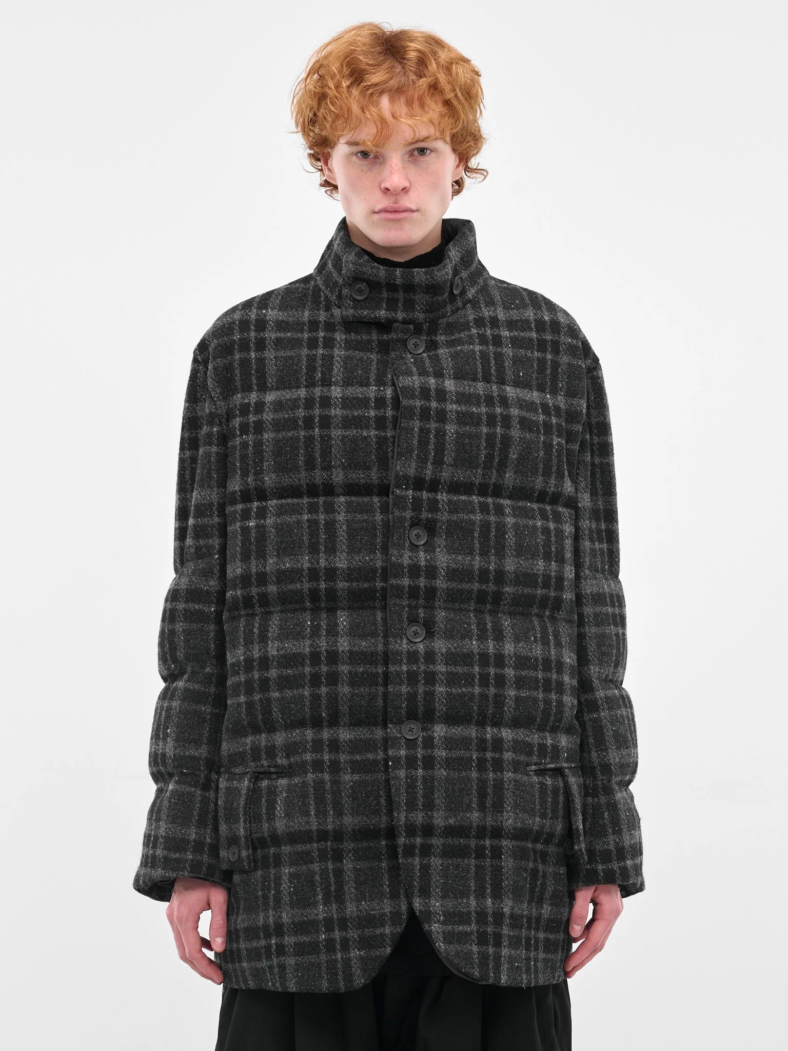 Black Plaid Wool Puffer Jacket - 1