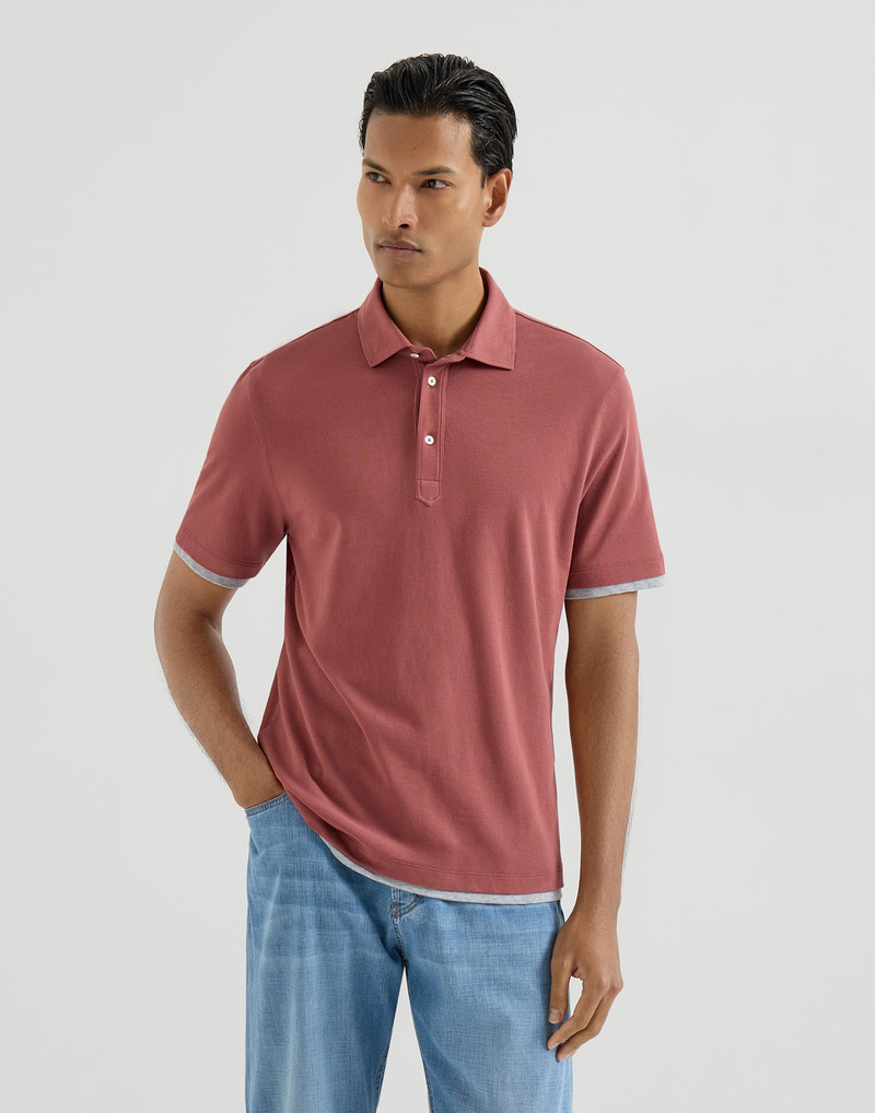 Cotton piqué shirt-style collar polo with faux-layering 2