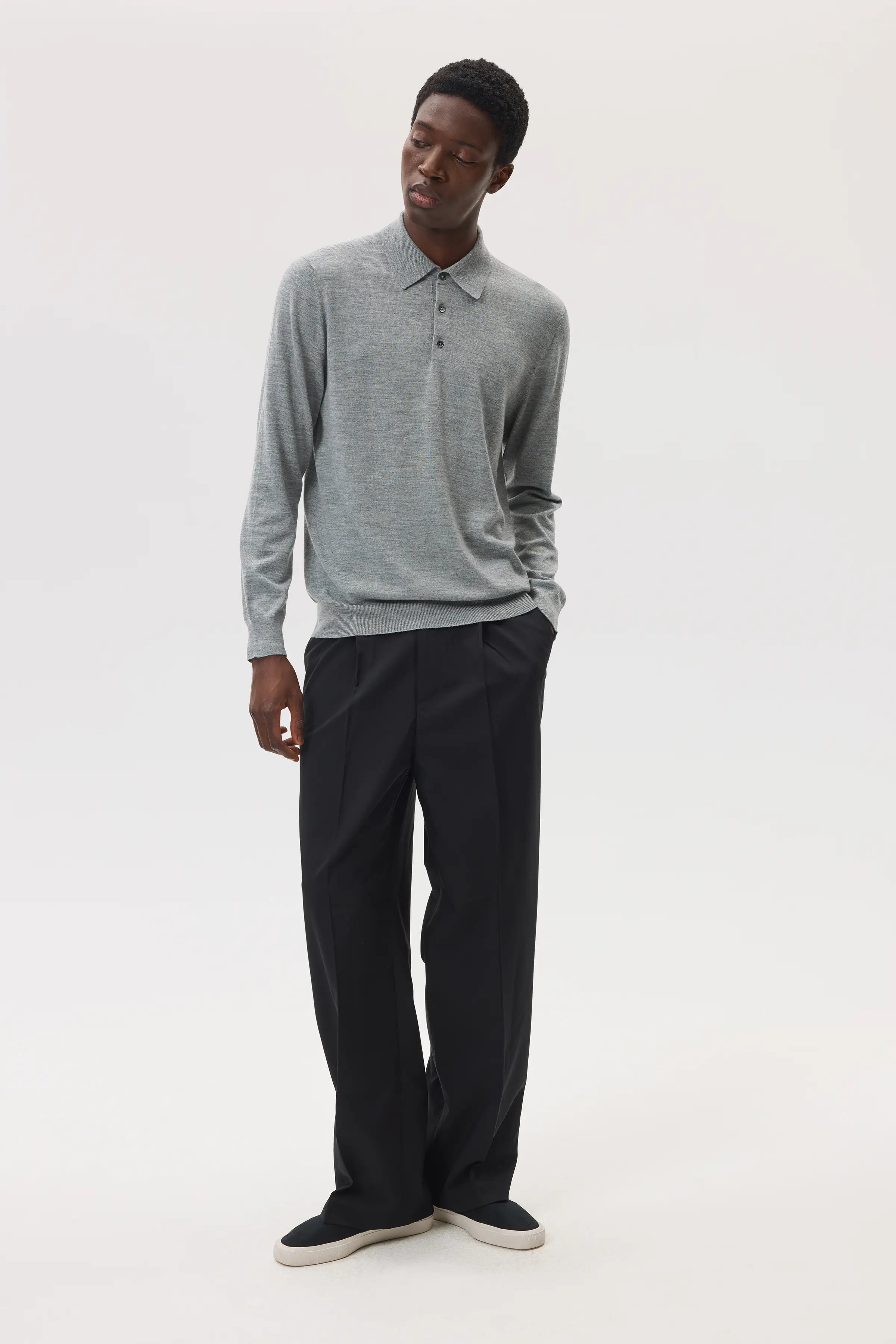 Merino Long Sleeve Grey Polo Shirt - 2