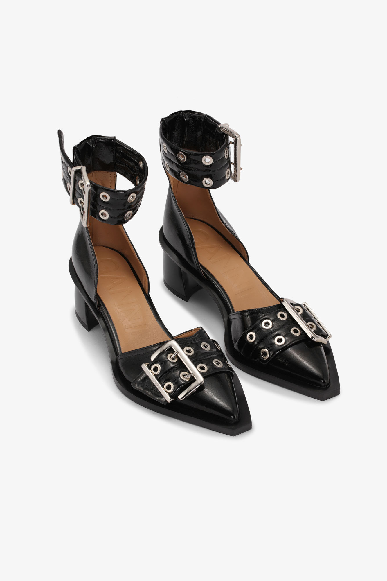BLACK CHUNKY BUCKLE OPEN CUT PUMPS - 2