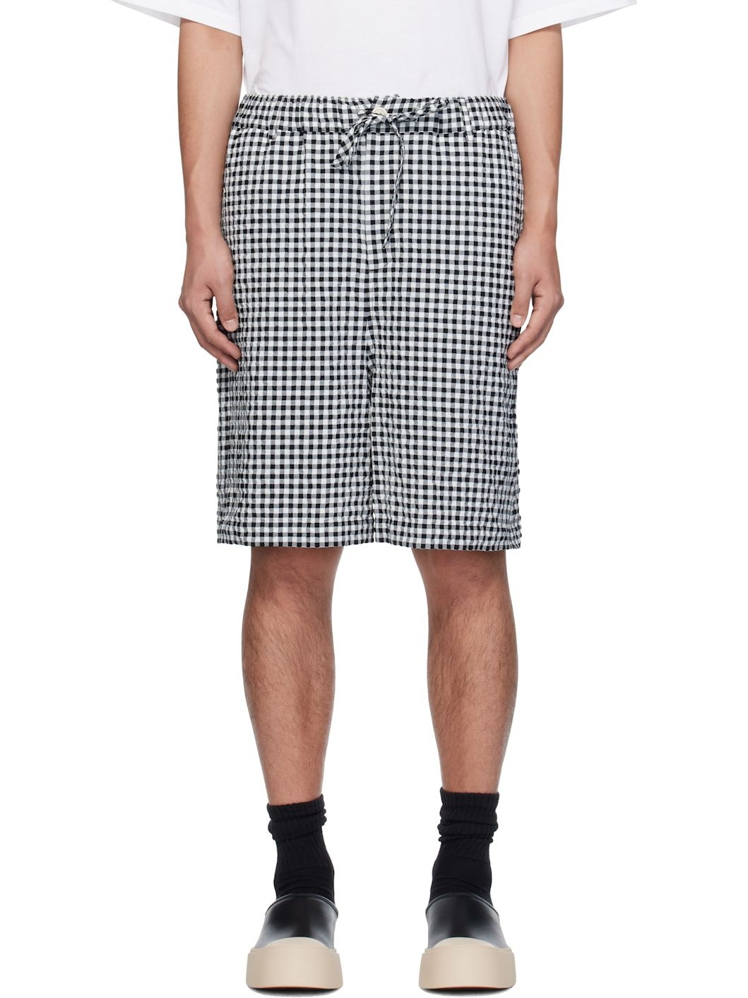 Black & White Gingham Seersucker Drawstring Shorts - 1