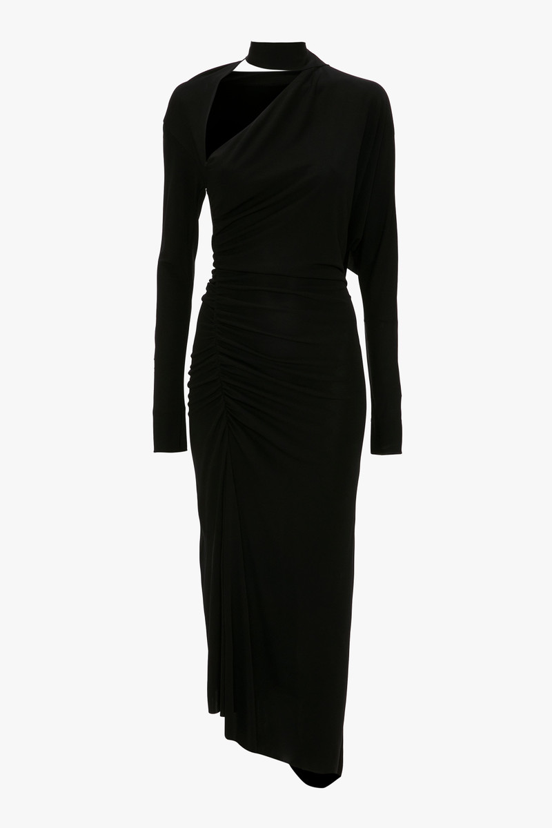 Slash-Neck Ruched Midi Dress In Black 1