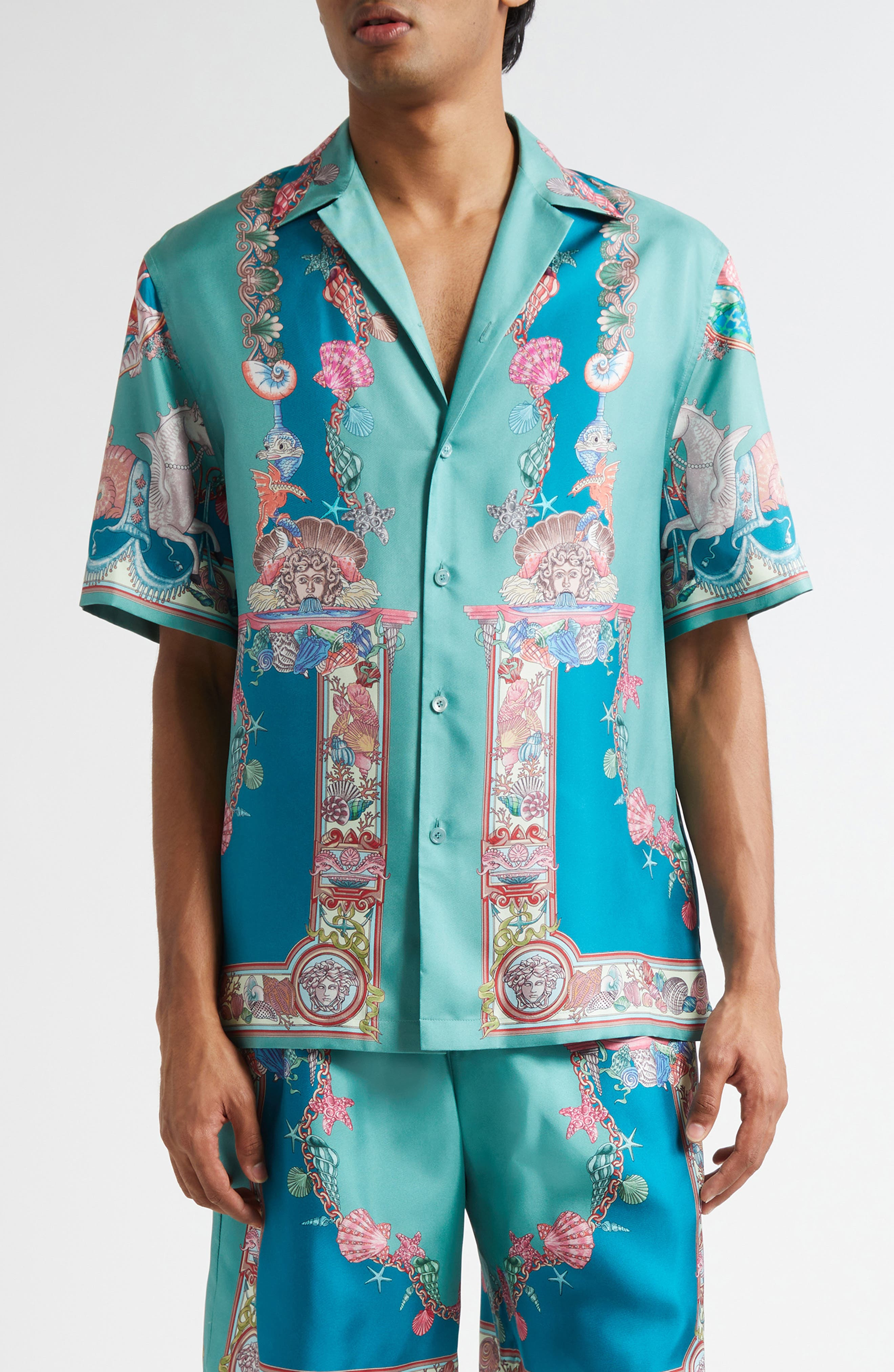 Versace Coral Theater Silk Twill Camp Shirt in Sea Green Dark Sea Green at Nordstrom - 1