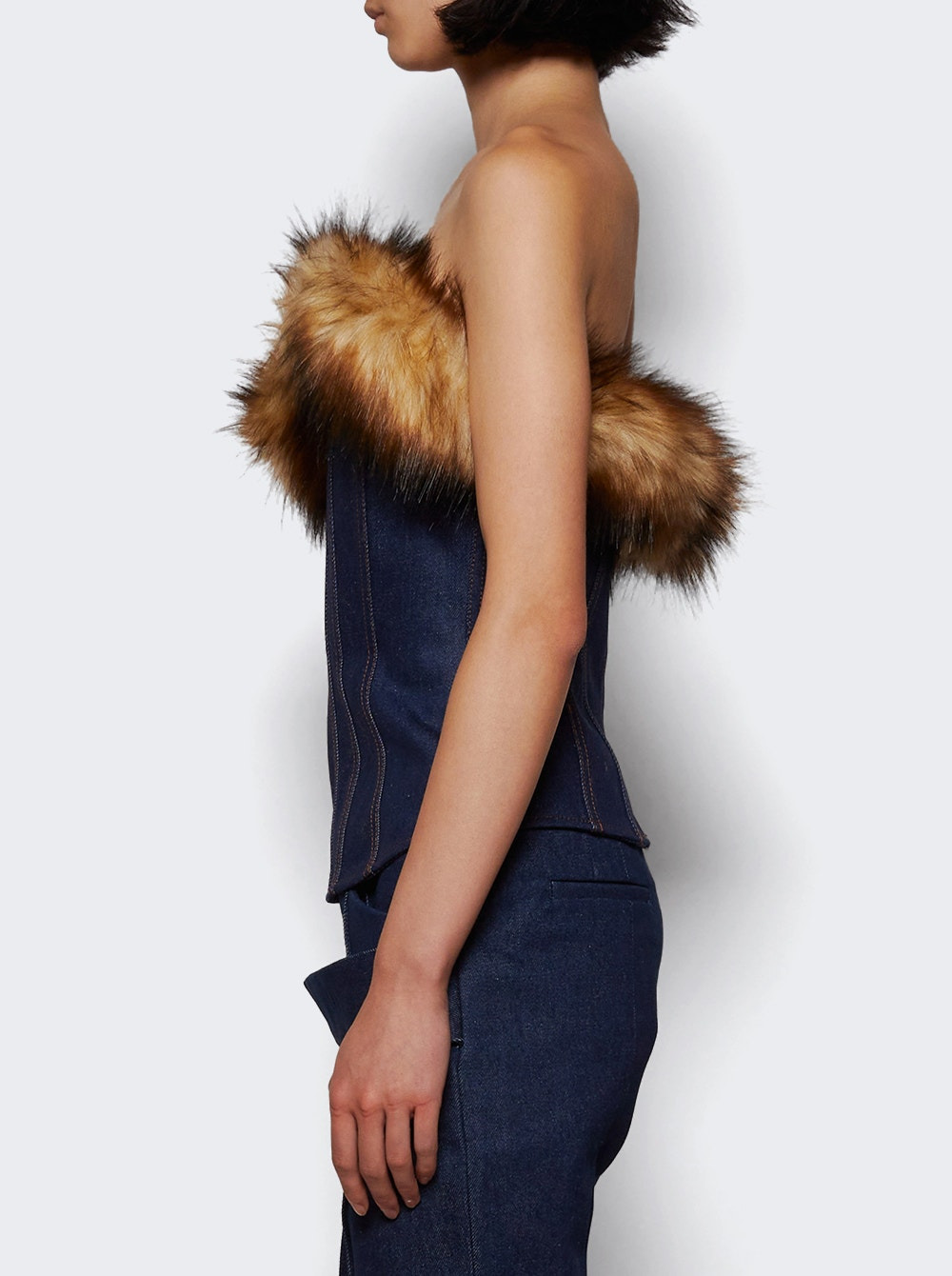 Detachable Faux-fur Trim Corset Top Indigo And Brown - 3