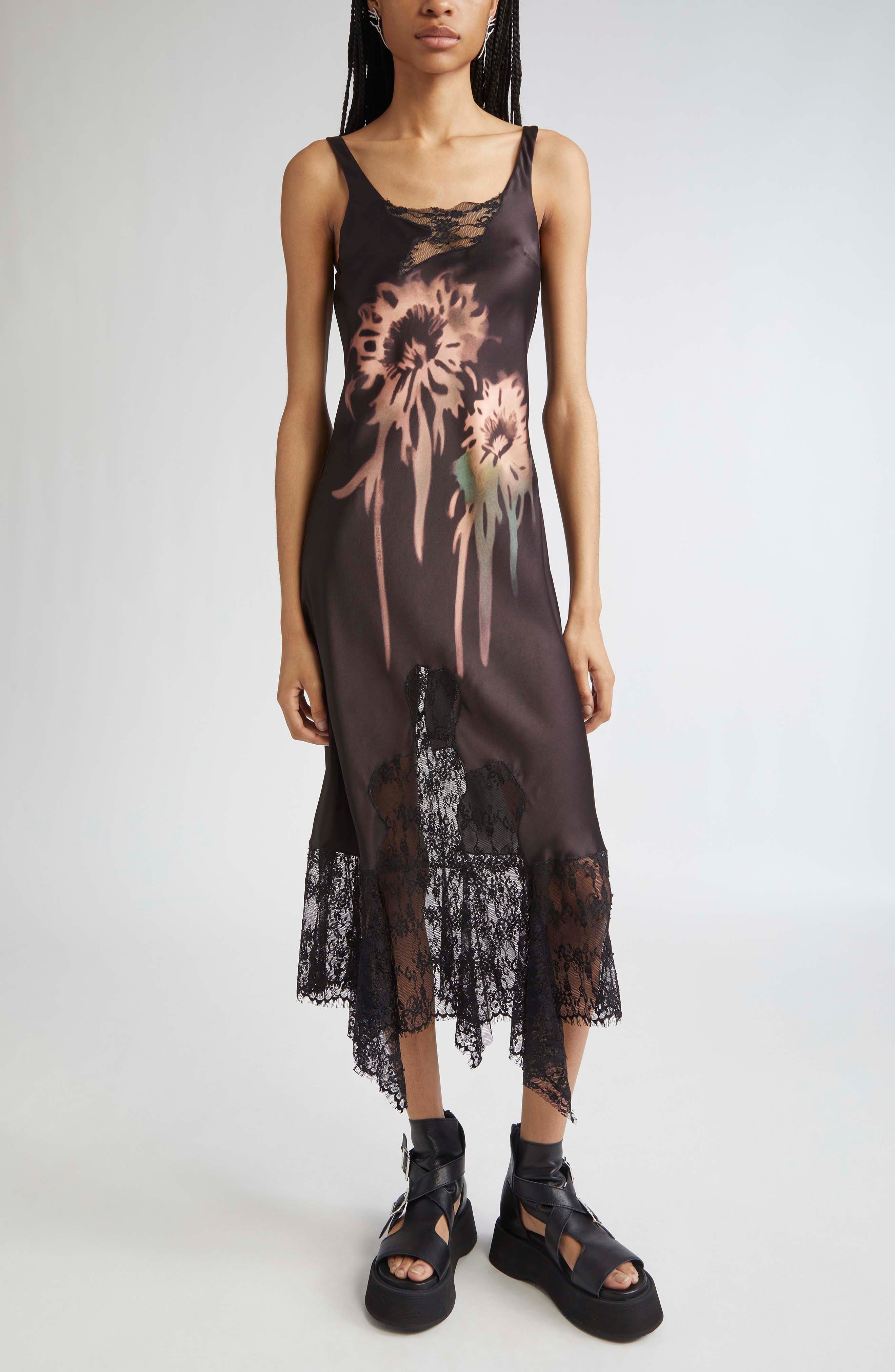 Collina Strada Stone Flower Drip Anemone Satin & Lace Tank Dress in Earth Faded Flower at Nordstrom - 1