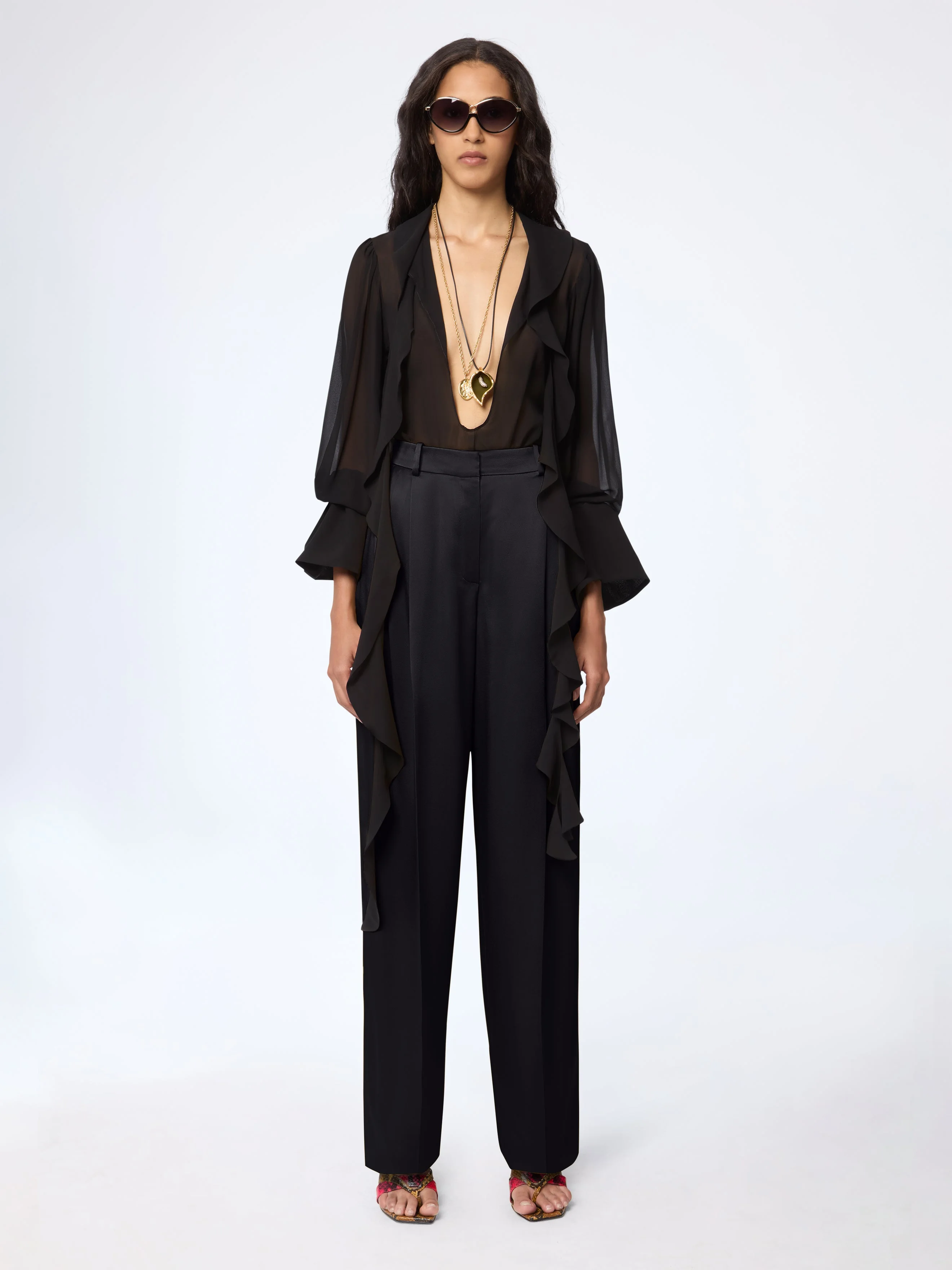 Black Wide-Leg Crepe Satin Pants - 1