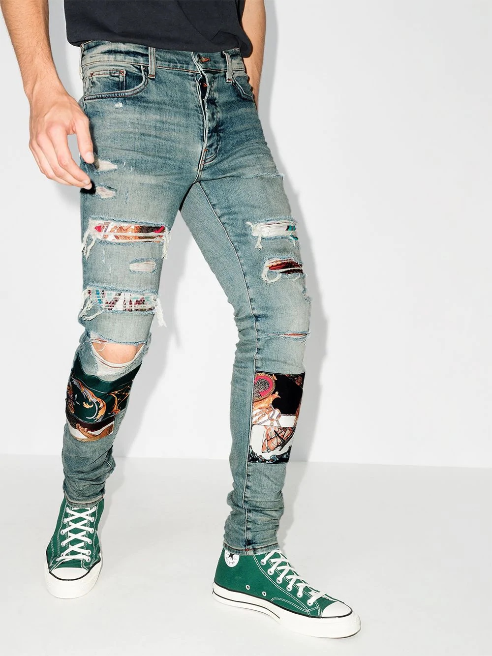 scarf-panel distressed skinny jeans - 2