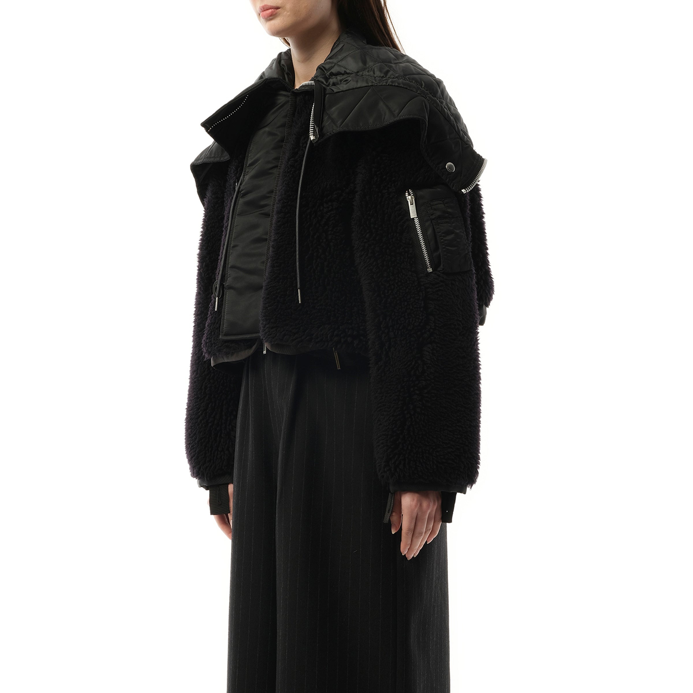 Faux Shearling x Nylon Twill Blouson in Black - 5