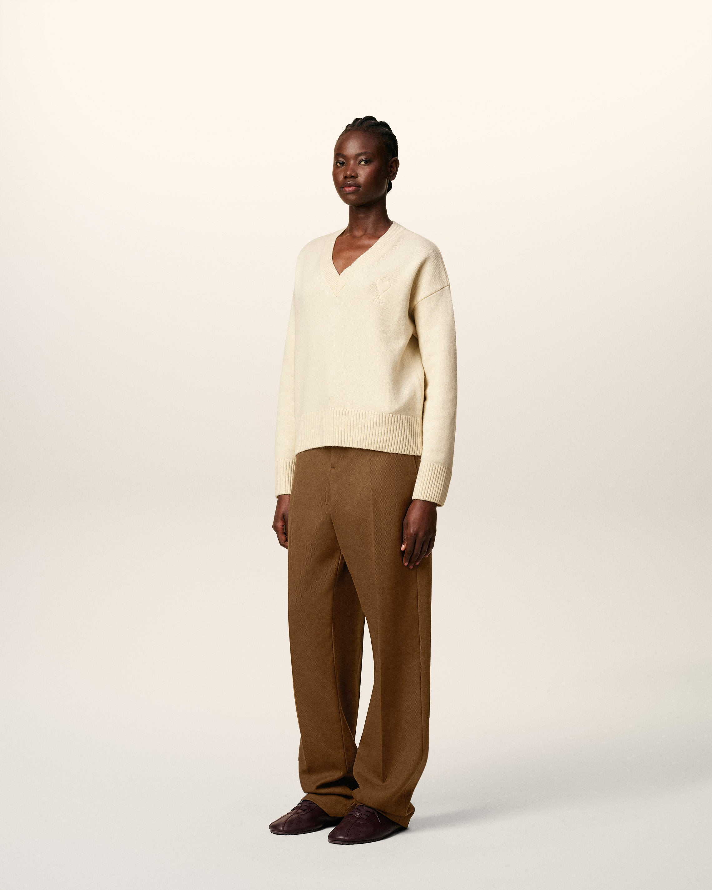 WHITE WOOL AMI DE COEUR V NECK SWEATER - 6