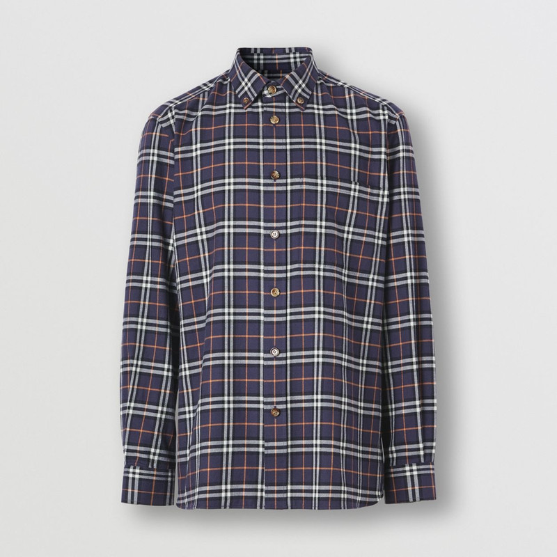 Button-down 칼라 체크 면 Flannel 셔츠 - 1