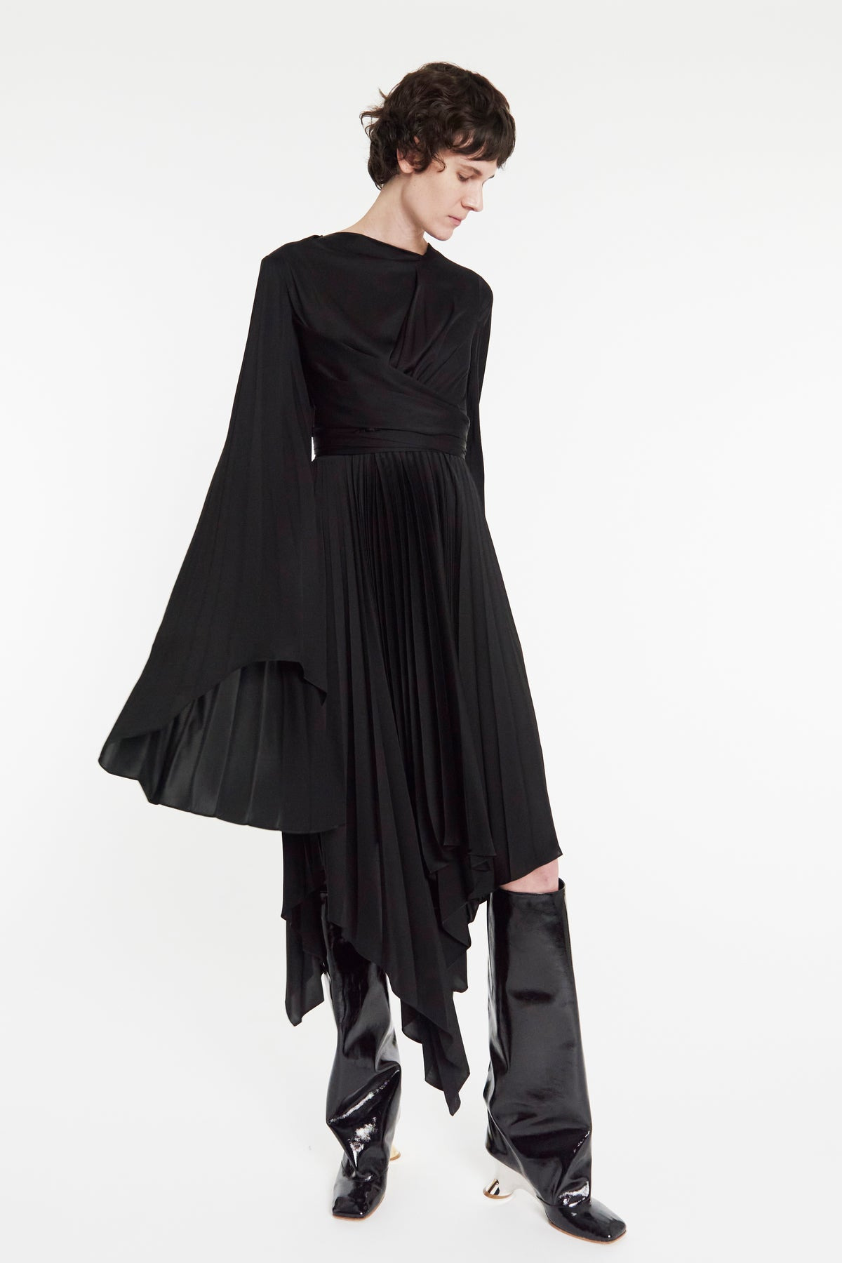 WRAP AROUND MIDI DRESS WITH PLEATED SKIRT & SLEEVES BLACK - 5